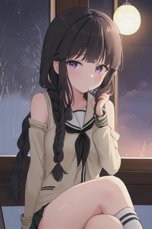 Best Quality, masterpiece, High resolution, Alone, {Going North_Kantai Collection:1.15}, length_hair, black_hair, Braiding, 前hair, single_Braiding, dull_前hair, Side Lock, Seraph, purple_eye, One girl, School_Uniform, hair_End_shoulder, Watching_in_Viewers, Luxury Office, Office Room, (night, midnight, darkness:1.3), Sailor collar, スクールUniform, green Sailor collar, 肩にかかるhair, neckerchief, blackいeye, Decorative ribbon, (Small breasts:1.2), One girl, Alone