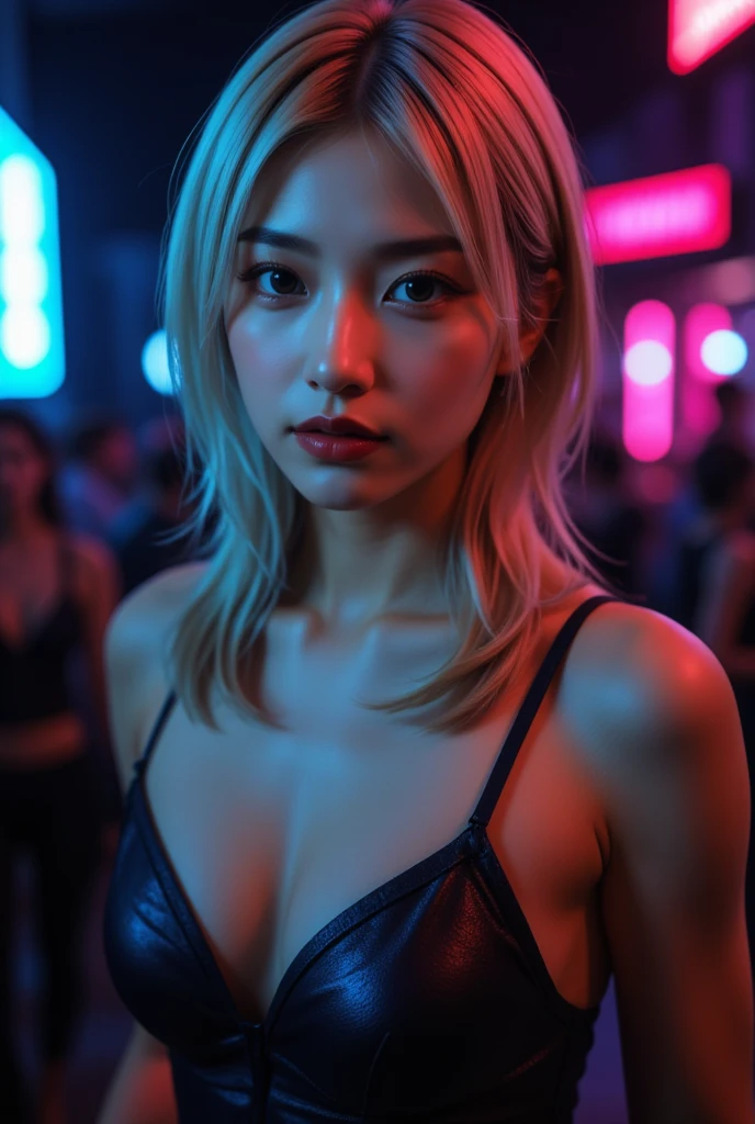 (masterpiece, best quality:1.2), 1girl, solo、gal ,medium breasts,Polychrome, One Girl, night, dark, blonde, Show Viewer, Upper Body, In-person audience, Limited Edition Palette, Black background, Shine,(Highly detailed CG Unity 8k wallpaper),(masterpiece), (Highest quality), (Vaporwave Style), (Super detailed), (Best illustrations),(Best Shadow),Perfect lighting , Perfect Anatomy , Vibrant colors、