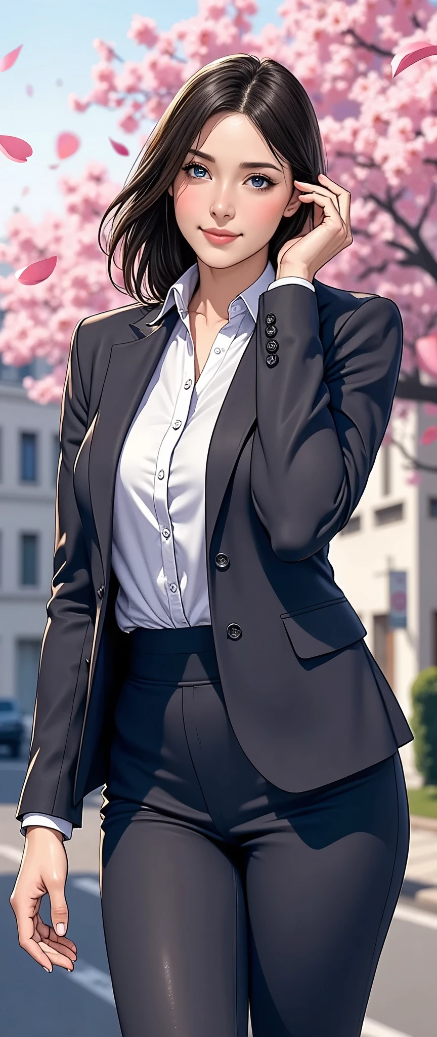 (masterpiece:1.2,Superior Quality,Mirror finish,Cinematic Experience,The best illustrations:2.0),Ultra-high resolution,Super detailed,8k,wallpaper,(In a suit:2.0),(spring:2.0),Japanese women,(young:2.0),(New social person:2.0),(Delicate skin texture:1.4),(Glowing Skin:1.4),Delicate face,(Beautiful Muscles:1.6),(Thick thighs:1.6),(Black Hair),(Front:2.0),(Detailed hands:2.0),(Beautiful female hands:2.0),(Upper body close-up:2.0),(The background is cherry blossom petals flying in the air.:2.0),(smile:2.0)