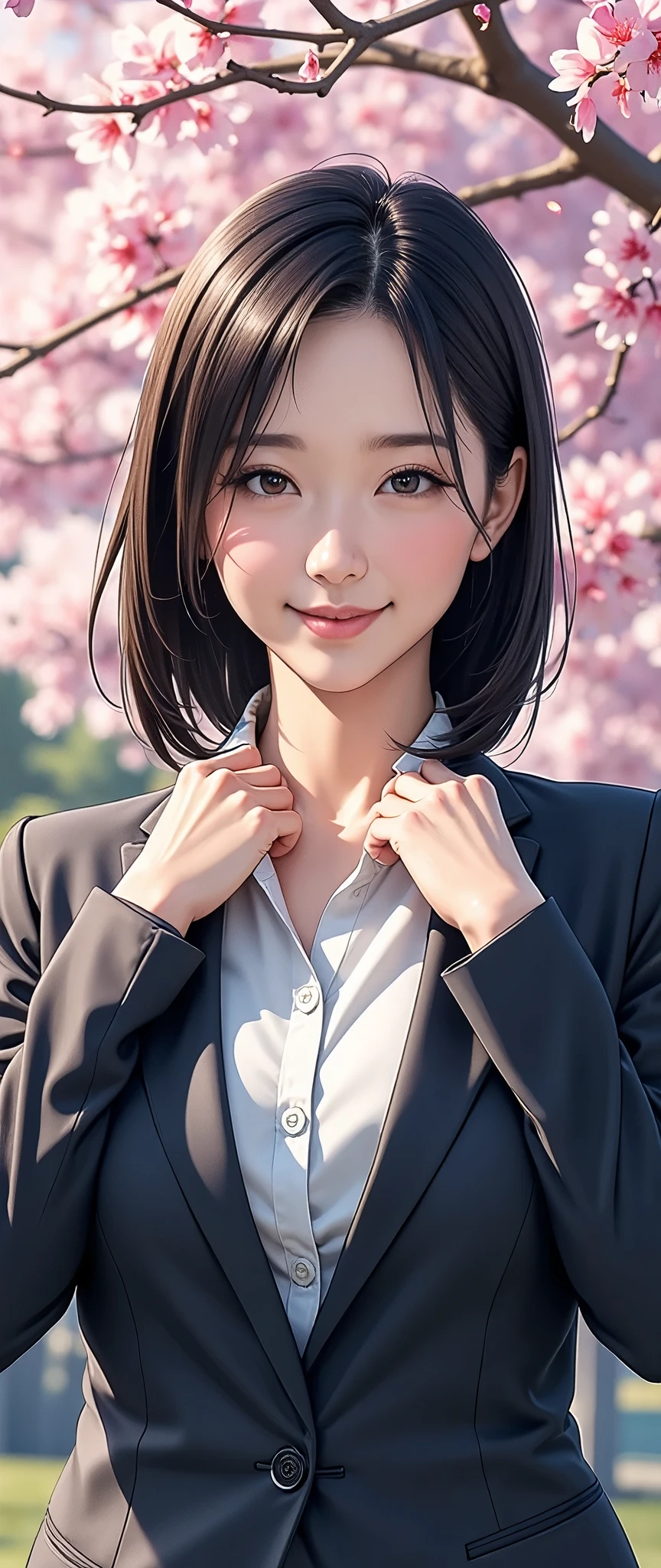 (masterpiece:1.2,Superior Quality,Mirror finish,Cinematic Experience,The best illustrations:2.0),Ultra-high resolution,Super detailed,8k,wallpaper,(In a suit:2.0),(spring:2.0),Japanese women,(young:2.0),(New social person:2.0),(Delicate skin texture:1.4),(Glowing Skin:1.4),Delicate face,(Beautiful Muscles:1.6),(Thick thighs:1.6),(Black Hair),(Front:2.0),(Detailed hands:2.0),(Beautiful female hands:2.0),(Upper body close-up:2.0),(The background is cherry blossom petals flying in the air.:2.0),(smile:2.0)