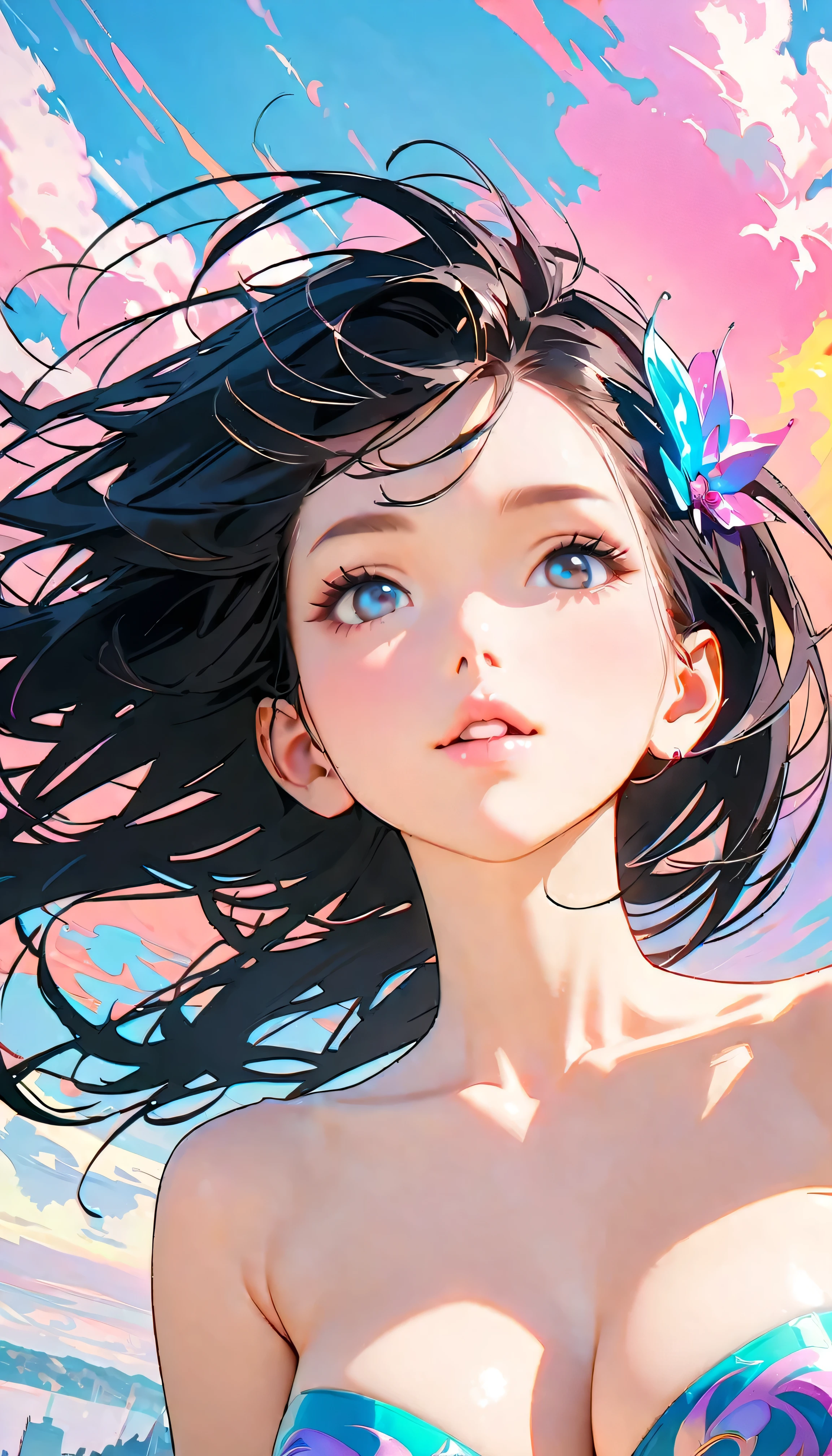 Best Quality, Very detailed, High resolution, Vibrant, masterpiece, Best Quality, Best aesthetics, One Woman, Super Fine, 8k, Very detailed, Beautiful Goddess, Pastel colored clouds, Pop Art, Delicate and dynamic, Pastel Color Fantasy, Black Hair, Official Art, Dynamic Angle