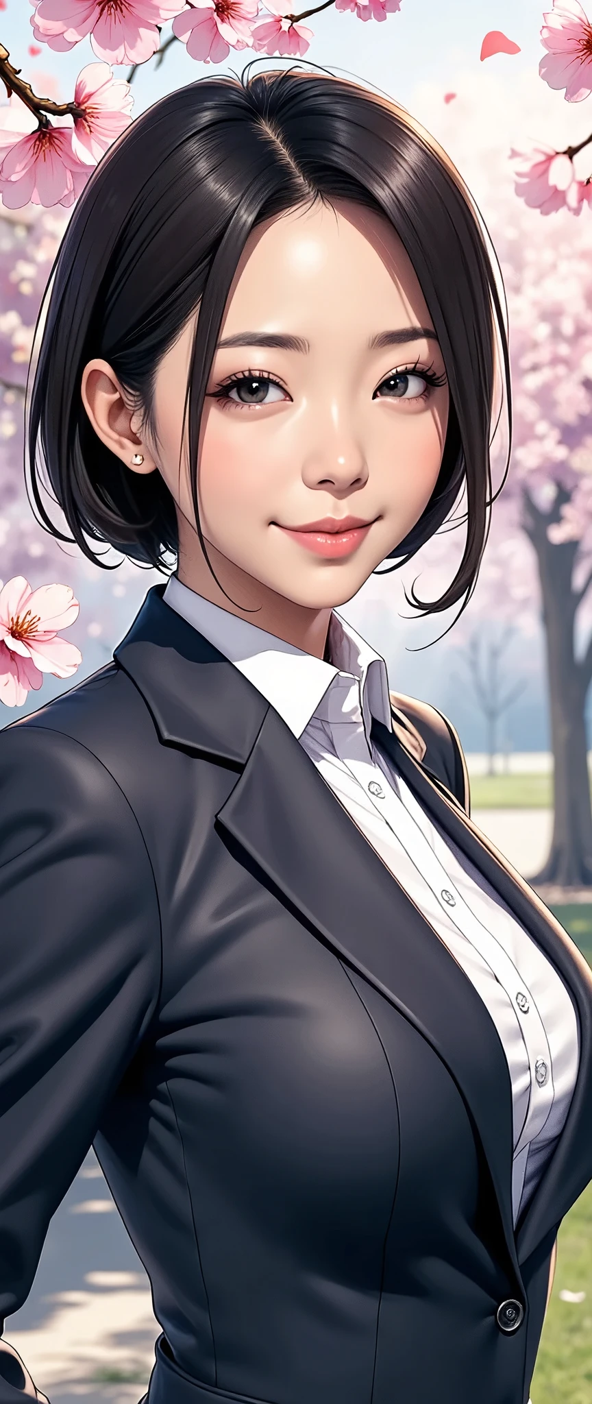 (masterpiece:1.2,Superior Quality,Mirror finish,Cinematic Experience,The best illustrations:2.0),Ultra-high resolution,Super detailed,8k,wallpaper,(In a suit:2.0),(spring:2.0),Japanese women,(young:2.0),(New social person:2.0),(Delicate skin texture:1.4),(Glowing Skin:1.4),Delicate face,(Beautiful Muscles:1.6),(Thick thighs:1.6),(Black Hair),(Front:2.0),(Detailed hands:2.0),(Beautiful female hands:2.0),(Upper body close-up:2.0),(The background is cherry blossom petals flying in the air.:2.0),(smile:2.0)