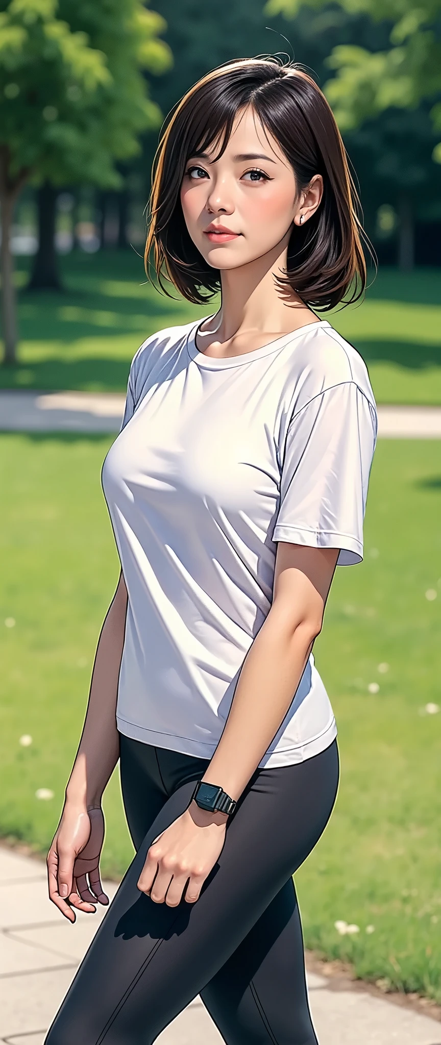 (masterpiece:1.2,Superior Quality,The best illustrations),Super detailed,8k,wallpaper,1 female,(Mature Woman:2.0),(Japanese),Short Bob,(48 years old:2.0),A woman is taking a walk,(Tight T-shirt:2.0),(Tight leggings:2.0),(Green park in the background:2.0),(Cowboy Shot:2.0),(Super sexy:2.0),(Super big breasts:2.0),(Super sensual:2.0),(Look this way:2.0)