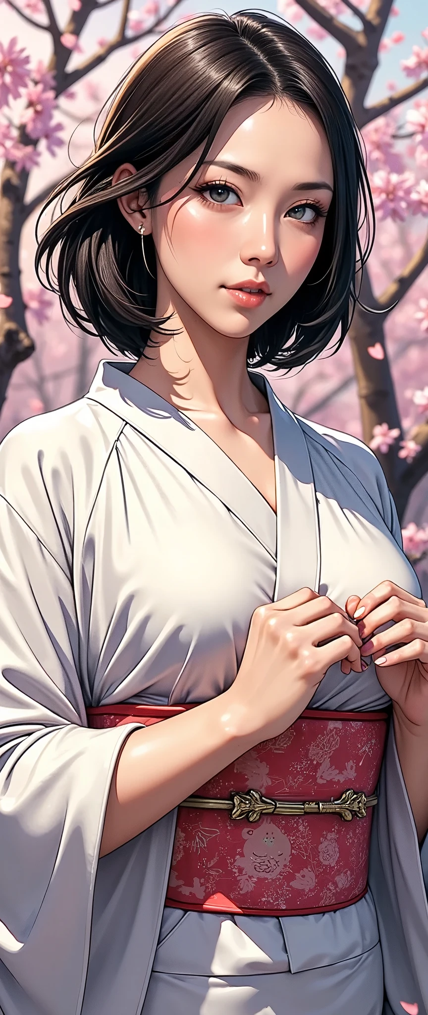 (masterpiece:1.2,Superior Quality,Mirror finish,Cinematic Experience,The best illustrations:2.0),Ultra-high resolution,Super detailed,8k,wallpaper,(Beautiful kimono:2.0),Japanese women,(Delicate skin texture:1.4),(Glowing Skin:1.4),Delicate face,(Beautiful Muscles:1.6),(Thick thighs:1.6),(Black Hair),(Front:2.0),(Detailed hands:2.0),(Beautiful female hands:2.0),(Cowboy Shot:2.0),(The background is cherry blossom petals flying in the air.:2.0)