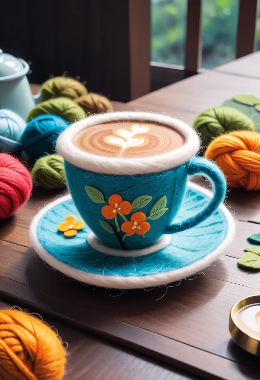 (((A lucky coffee cup made of wool felt is placed on the table.，))), Make the scene full of artistic sense. Warm, bright and uniform color, Simple and plain modern art style, Fascinating,