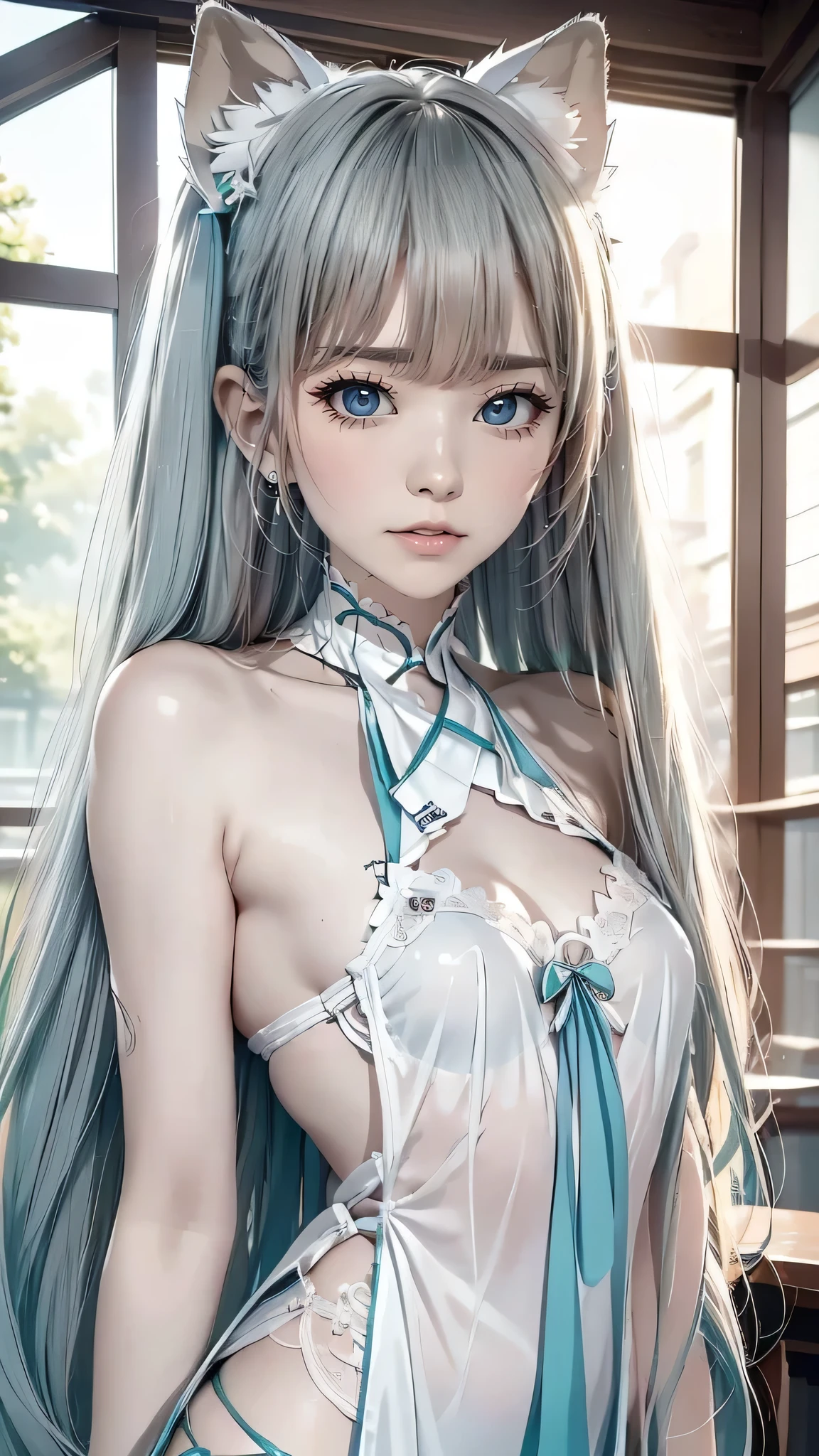 Hatsune Miku、Sexy very beautiful face sexy  finnish cute girl、The long bangs that hang over the eyes are、Awakened super long silky blonde hair、very beautif、Glowing pale light blue eyes、student clothes、White shiny skin、Small face beauty、Large double eyelids、