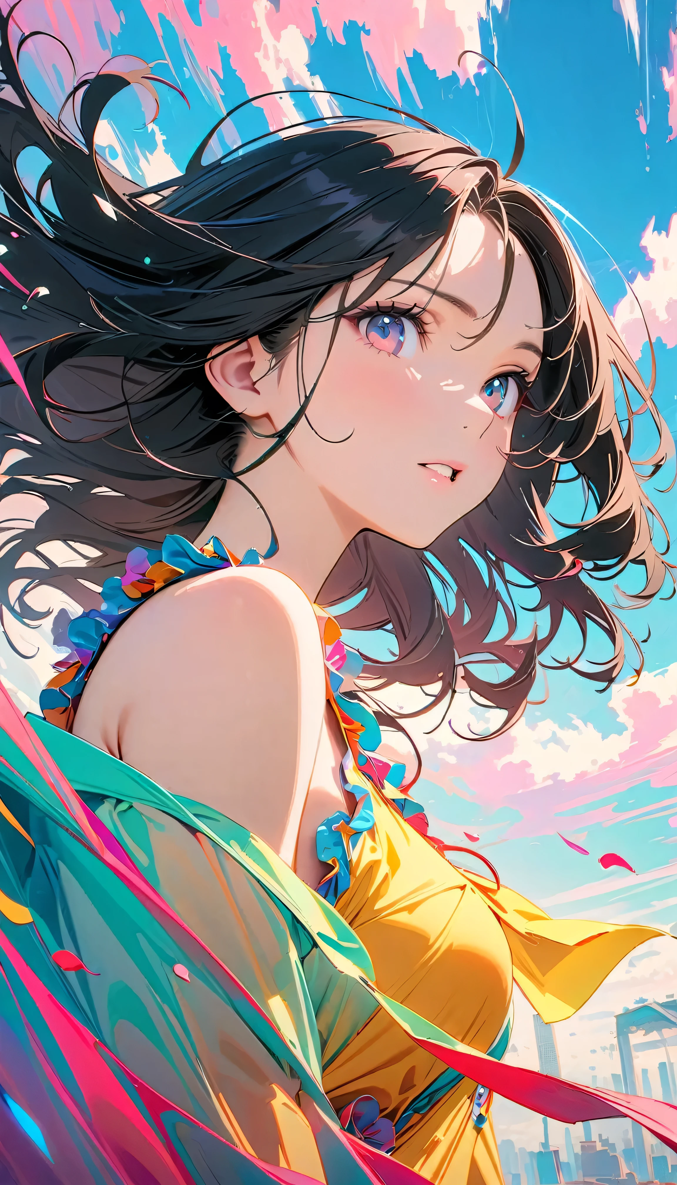 Best Quality, Very detailed, High resolution, Vibrant, masterpiece, Best Quality, Best aesthetics, One Woman, Super Fine, 8k, Very detailed, Beautiful Goddess, Pastel colored clouds, Pop Art, Delicate and dynamic, Pastel Color Fantasy, Black Hair, Official Art, Dynamic Angle