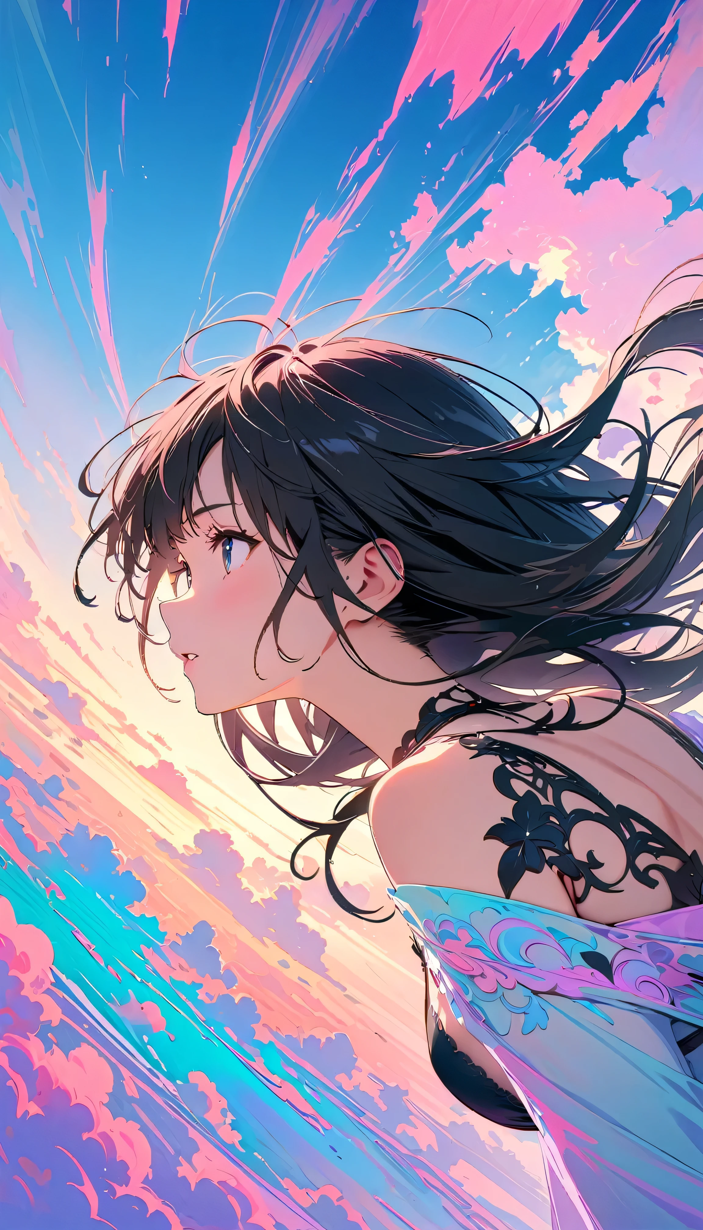Best Quality, Very detailed, High resolution, Vibrant, masterpiece, Best Quality, Best aesthetics, One Woman, Super Fine, 8k, Very detailed, Beautiful Goddess, Pastel colored clouds, Pop Art, Delicate and dynamic, Pastel Color Fantasy, Black Hair, Official Art, Dynamic Angle