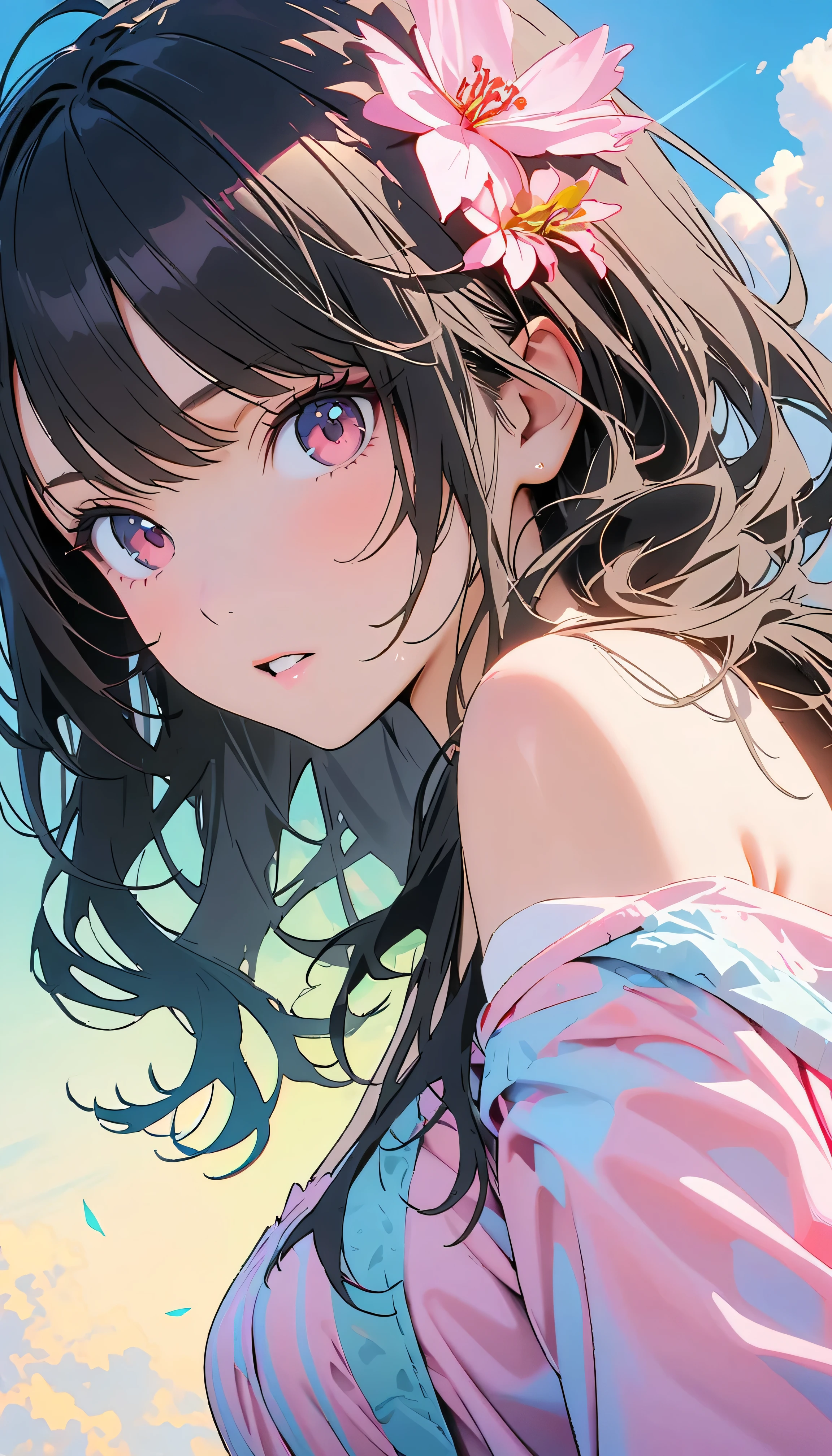 Best Quality, Very detailed, High resolution, Vibrant, masterpiece, Best Quality, Best aesthetics, One Woman, Super Fine, 8k, Very detailed, Beautiful Goddess, Pastel colored clouds, Pop Art, Delicate and dynamic, Pastel Color Fantasy, Black Hair, Official Art, Dynamic Angle