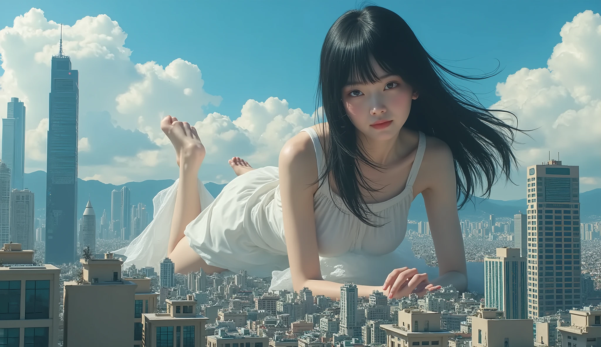 No extra arms、no extra hands、Perfect Anatomy、skydiving、Floating feeling、flying、Flying magic、floated hair、Photorealsitic:1.37、fullnude:2、Translucent white veil、NSFW is still showing、