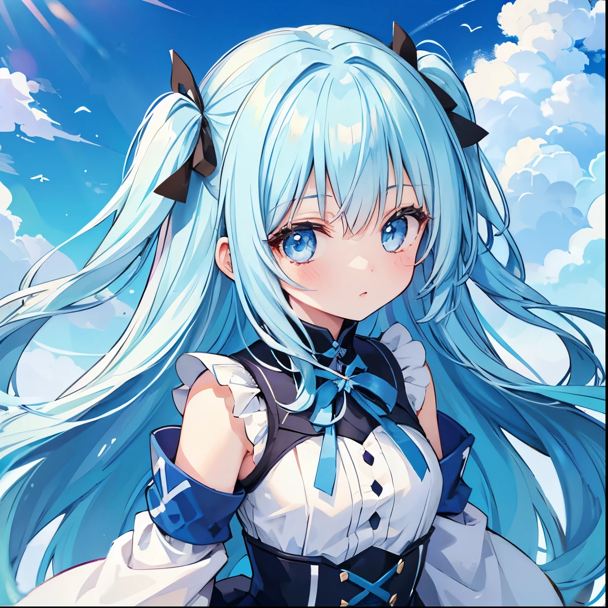 Anime girl with blue hair and blue eyes in front of a blue sky - SeaArt AI