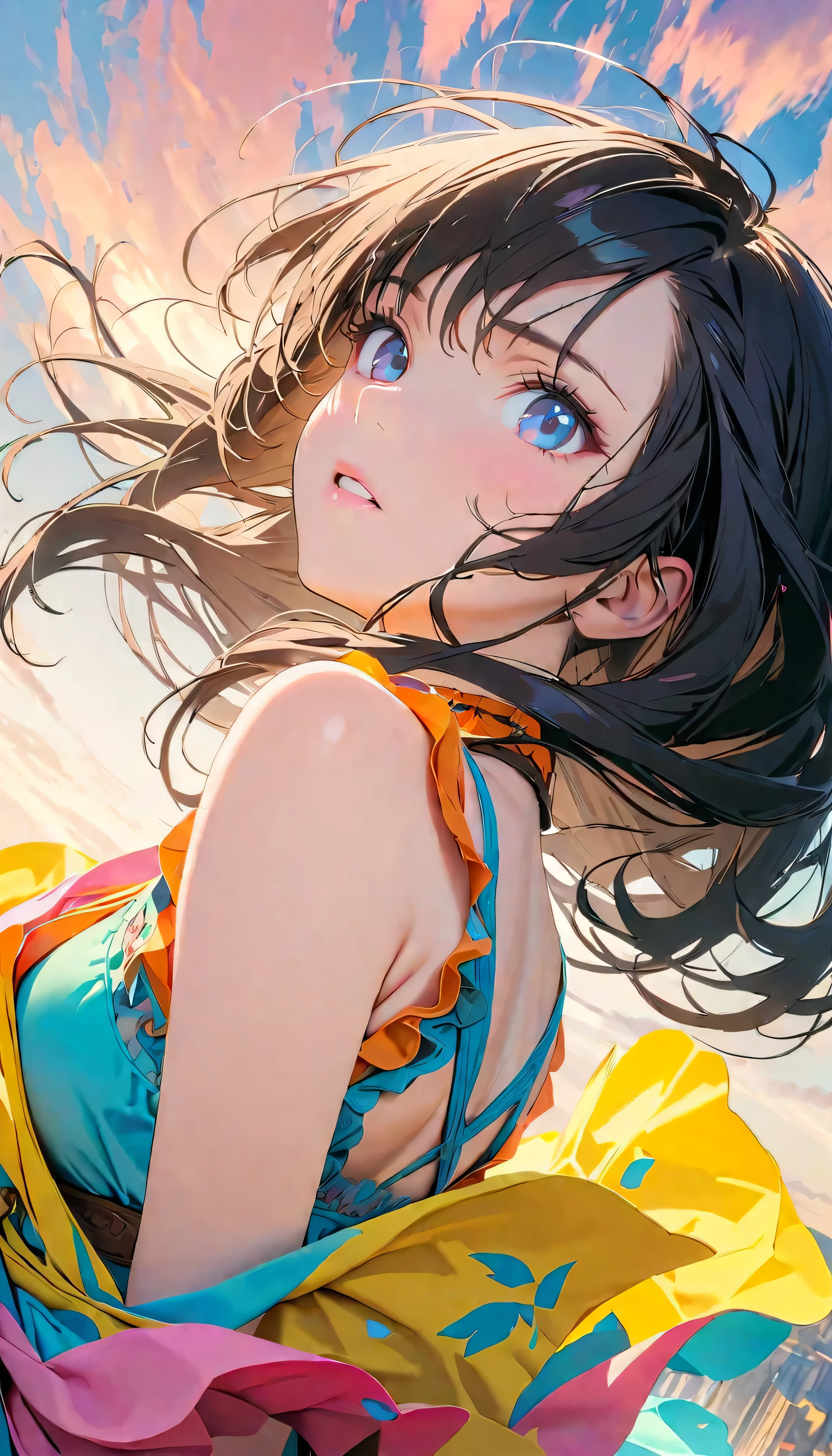 Best Quality, Very detailed, High resolution, Vibrant, masterpiece, Best Quality, Best aesthetics, One Woman, Super Fine, 8k, Very detailed, Beautiful Goddess, Pastel colored clouds, Pop Art, Delicate and dynamic, Pastel Color Fantasy, Black Hair, Official Art, Dynamic Angle