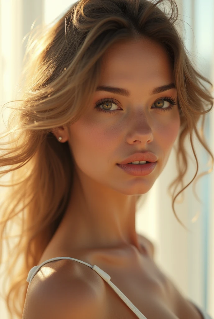 A beautiful unique woman, subtle nude, detailed eyes, long eyelashes, detailed lips, glowing skin, (best quality,4k,8k,highres,masterpiece:1.2),ultra-detailed,(realistic,photorealistic,photo-realistic:1.37),natural lighting, warm color palette, soft focus, elegant pose, sensual expression, cinematic composition, high-end portrait photography