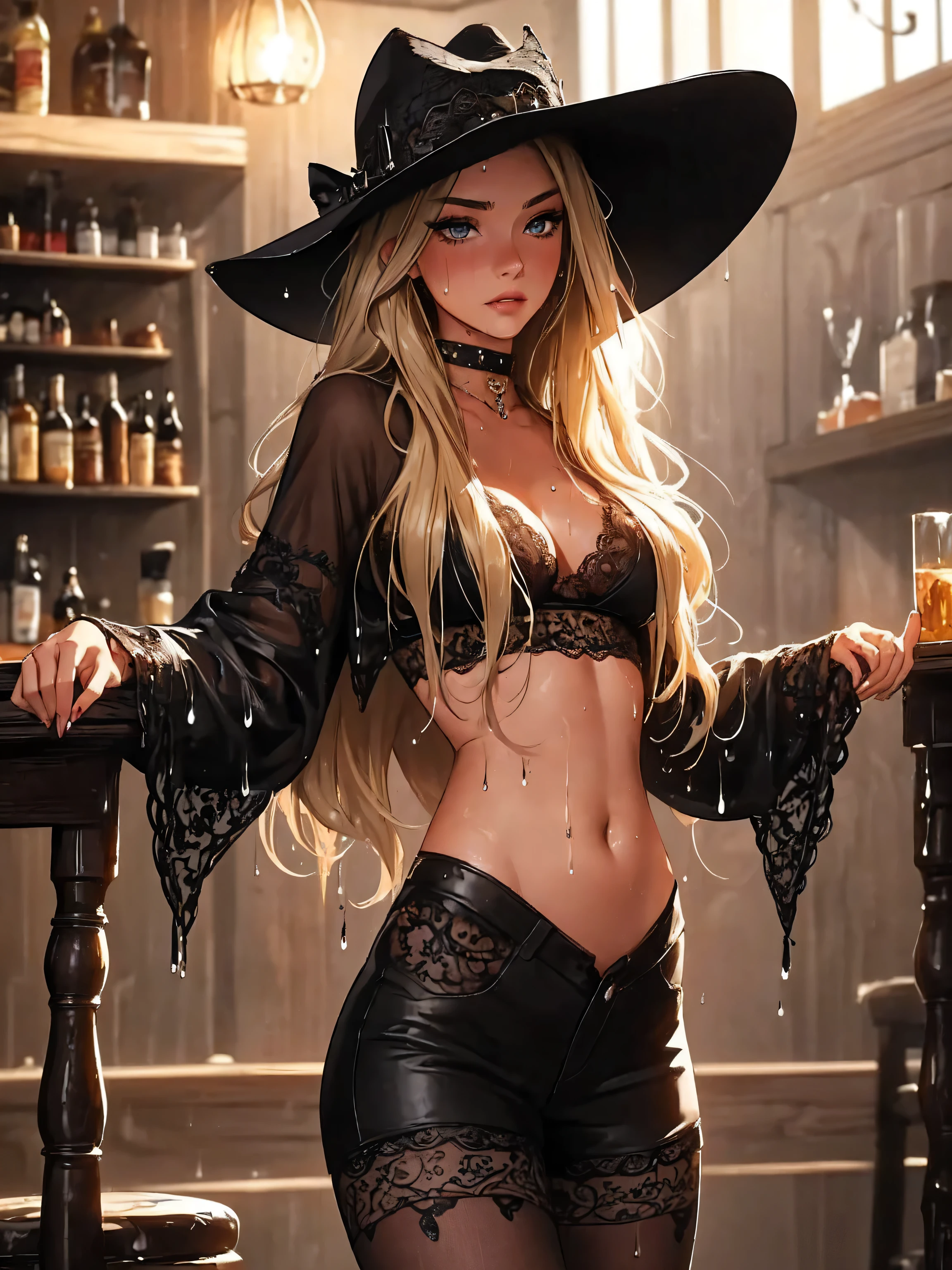 (((depcit very young girl))), (((elegant cowgirl))), sexy, blond hair, long hair, straight hair, cowby hat, (wearing leather cowboy clothes), topless, ( leather revolvers belt), (revolver), open legs, spread legs, brown eyes, thin , ((small breasts)), (nice hips), open shoulders, (sassy), (Masterpiece, Excellent, complex details), delicate girl, delicate face, back arched, pretty, sunny desert, a western atmosphere