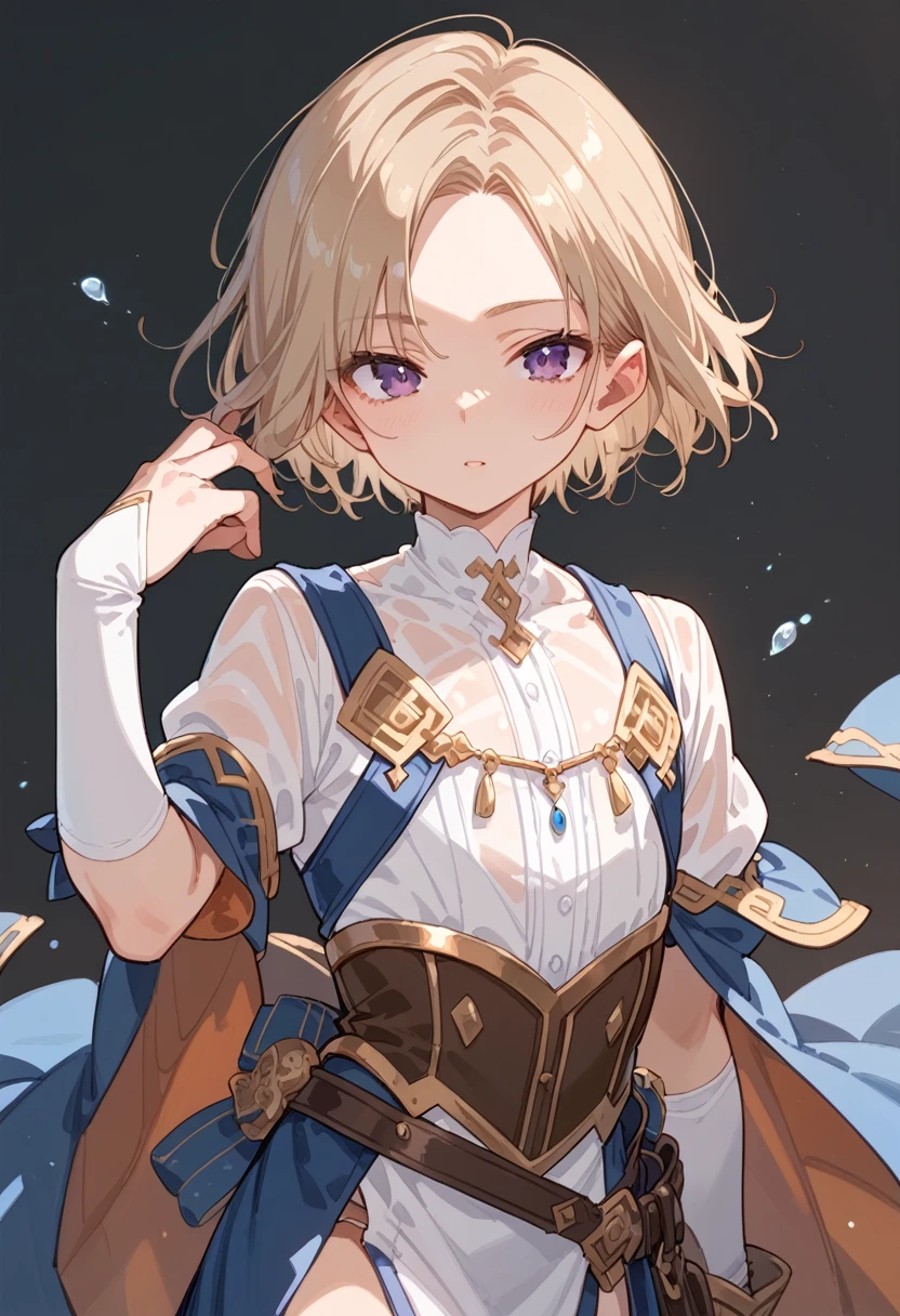 （One girl）、((short hair))、((Blonde))、（Sato Air）、((boyish))、((Small breasts))、Crossdresser、Blue Eyes、Magic Robe、White sleeveless、((hairs between eyes))、smile