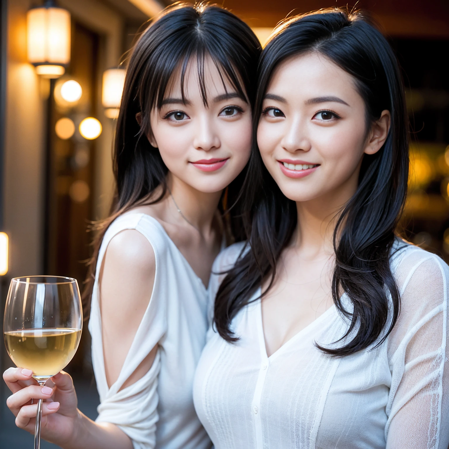 ((Highest quality、8K、masterpiece:1.3))、Shortcuts、cute、slimカップル、modelカップル、actress男優、(Realistic, Intricate details:1.2), full-course dinner、Wine Party、Amazing view of the sunset sky and clouds、A bright smile、short hair,Bright Face、 (Age 45), 42 years old, red wine 、Appetizers、Italian food、Wine bottle、Champagne、sparkling wine、Two beauties、Brown Hair、Shortcuts、Long sleeve shirt、dress、Beautiful woman 1, (slimな顔), (The body is slim), (Brown Hair), (Shortcuts), cheeks turn a little red,Attractive beauty、restaurant, In a prominent place (From the waist up) Nova Frog Style, actress, model, Upper Body, White wine, slim, wine glass, 中央に置かれたwine glass, smile, (smile: 1.15), Beautiful fine grain, Depth f/2,saturation, High Contrast, Strong light and shadow,Moist Body:1.5、3D texture、Delicate eyes、Brown Hair、The hair is very shiny、