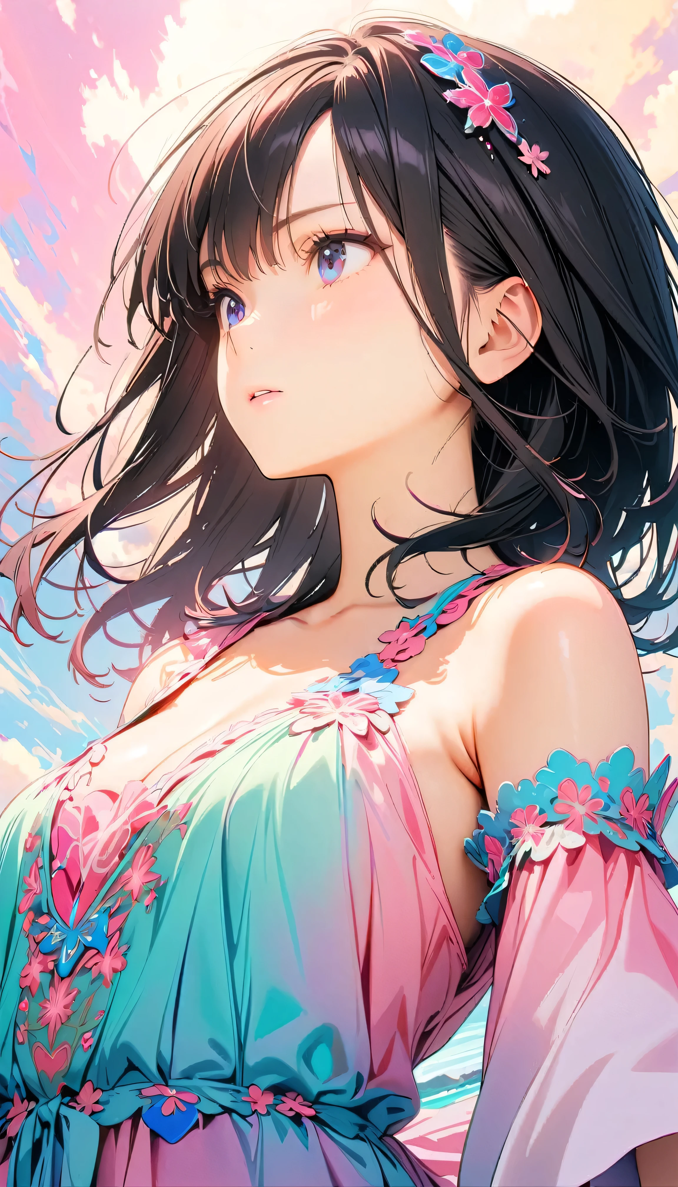 Best Quality, Very detailed, High resolution, Vibrant, masterpiece, Best Quality, Best aesthetics, One Woman, Super Fine, 8k, Very detailed, Beautiful Goddess, Pastel colored clouds, Pop Art, Delicate and dynamic, Pastel Color Fantasy, Black Hair, Official Art, Dynamic Angle