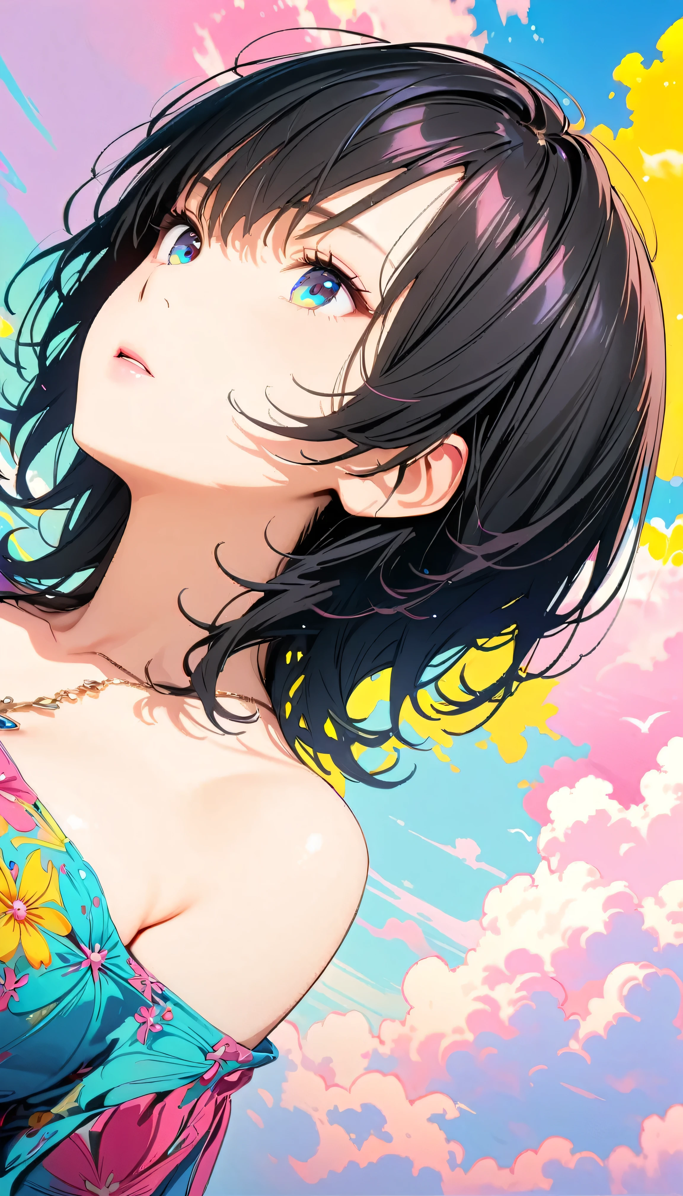 Best Quality, Very detailed, High resolution, Vibrant, masterpiece, Best Quality, Best aesthetics, One Woman, Super Fine, 8k, Very detailed, Beautiful Goddess, Pastel colored clouds, Pop Art, Delicate and dynamic, Pastel Color Fantasy, Black Hair, Official Art, Dynamic Angle