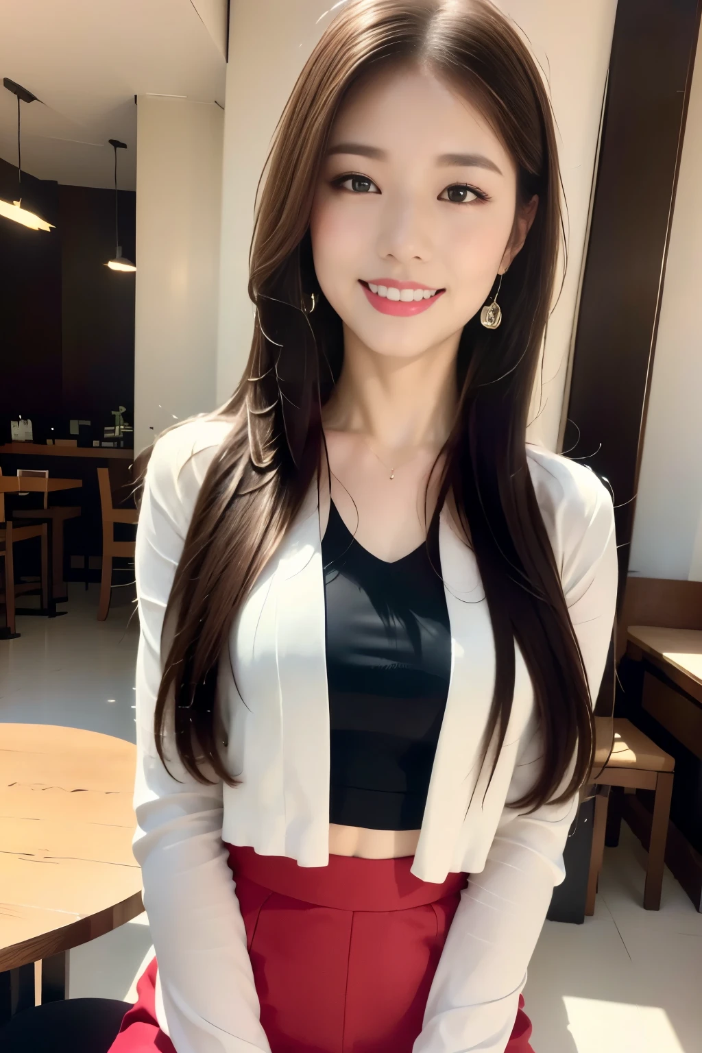 (Please redeem、8k、masterpiece:1.3))、One Girl、Beautiful woman、Yellow jacket,White innerwear,Red lipstick,A kind smile,Black Mini Skirt,Ultra detailed face、Detailed eyes、double eyelid、Blurred Background、cafe terrace、Straight long hair style、Black Hair,table,Sit down,Hold the cup,Staring at the audience,Looking into the camera,