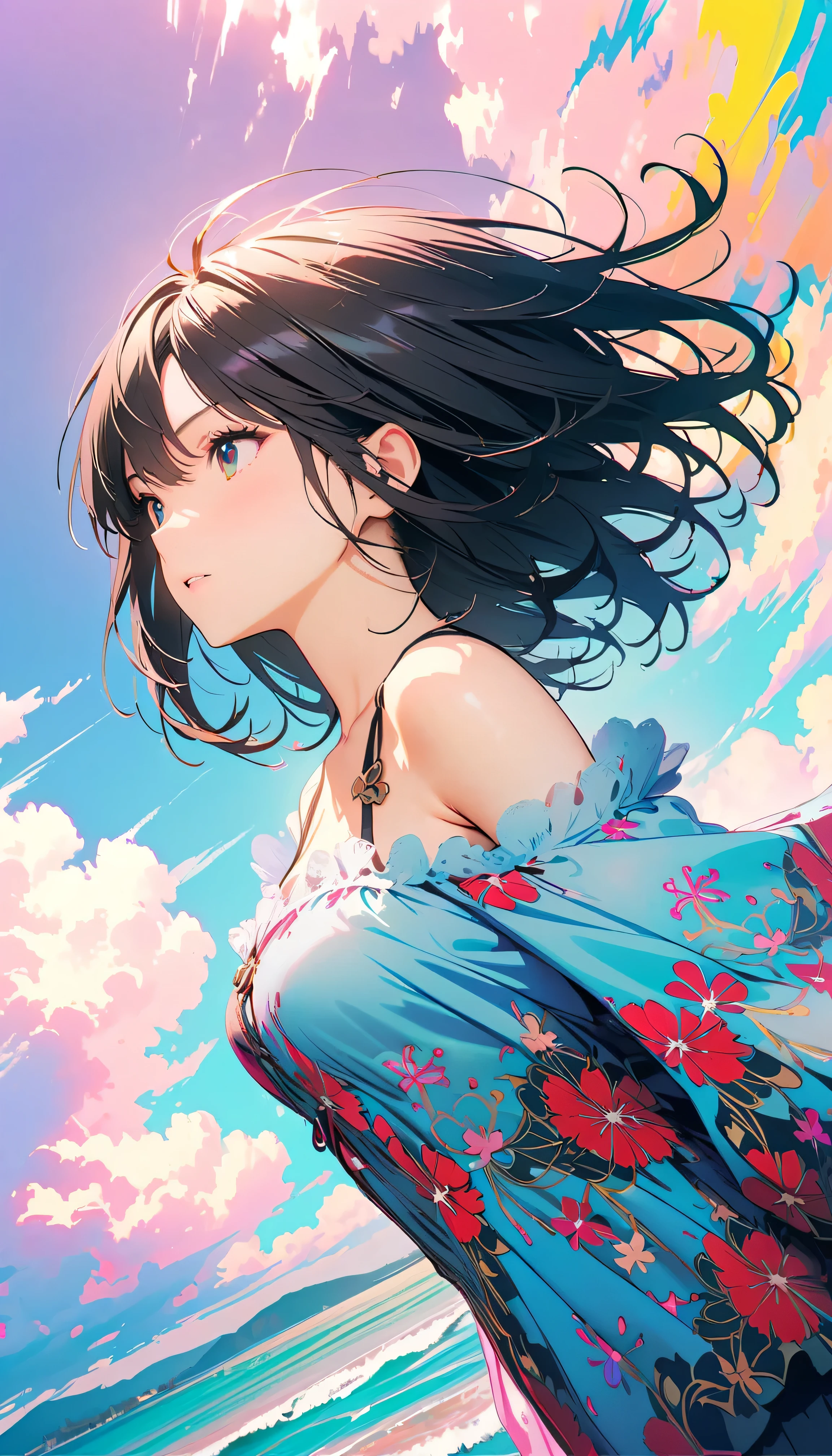 Best Quality, Very detailed, High resolution, Vibrant, masterpiece, Best Quality, Best aesthetics, One Woman, Super Fine, 8k, Very detailed, Beautiful Goddess, Pastel colored clouds, Pop Art, Delicate and dynamic, Pastel Color Fantasy, Black Hair, Official Art, Dynamic Angle