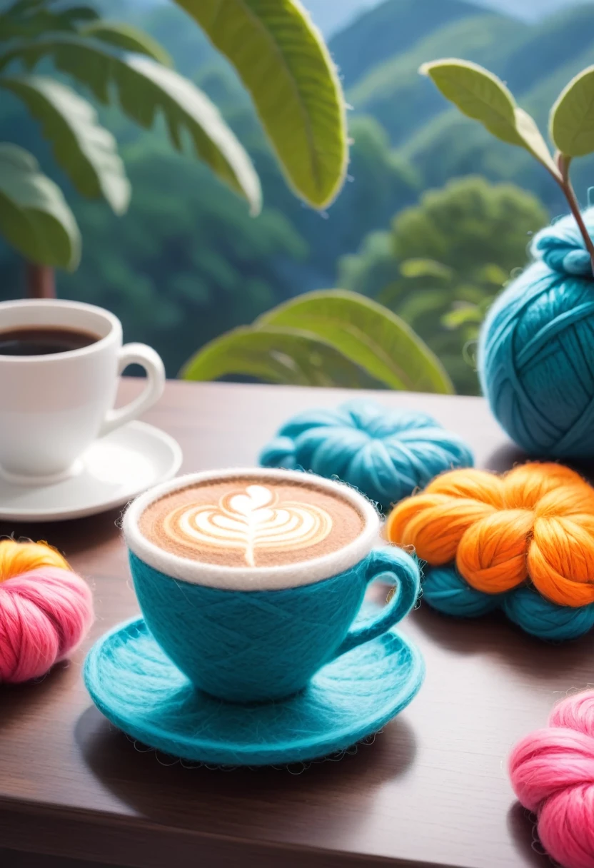 (((A lucky coffee cup made of wool felt is placed on the table.，))), Make the scene full of artistic sense. Warm, bright and uniform color, Simple and plain modern art style, Fascinating,