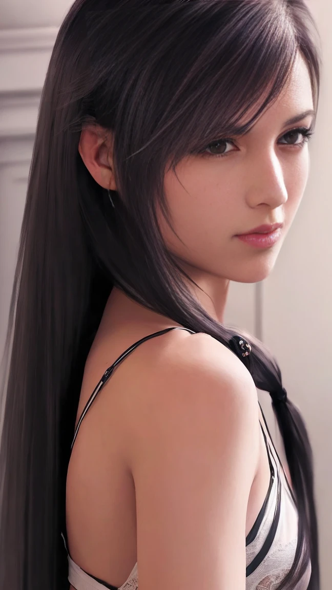 (masterpiece:1.2, Best Quality, High resolution, ), (Realistic, photoRealistic:1.2), One girl, European style bedroom, night, Natural light reflection, Soft light on face, Unreal Engine, Depth of written boundary,
Tifa, Final Fantasy VII Remake, 
White Lingerie, Camel Toe, ,
Brown hair color, Sweat a lot, masterpiece, ultra Realistic 8k cg, very Long Hair,  Reddish brown eyes, Left earpiece only, Stick-type earphones, 
Shiny skin, Upper Body, Beautiful Face, Pure Face, Seductive pose, Sexy pose, , Attractive, clean, Beautiful Face, Pure Face, Pale skin, Long Hair, (Medium Breast, Beautiful breasts), Shiny skin, Skin Dentition, rim light, black background