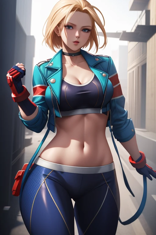 ((best quality)), absurdres, ((ultra high res)), cammy white, a woman with a blue jacket and red gloves, extremely detailed, 8k, masterpiece, official art, unreal engine, Sexual, Trying to take off my jacket,