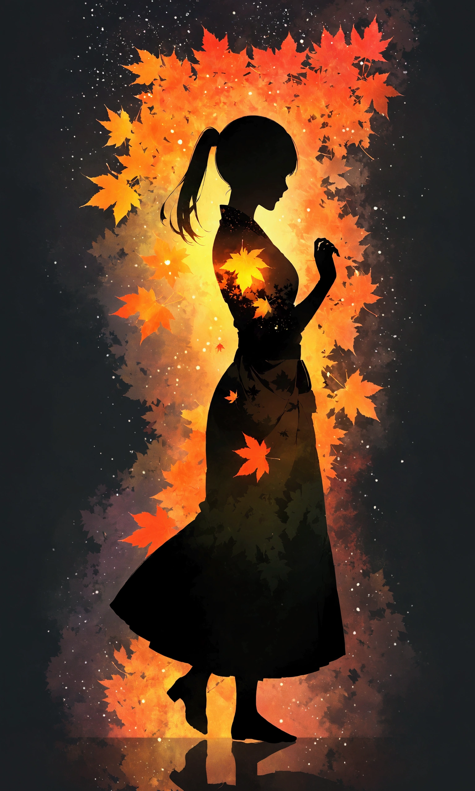 silhouette art,Autumn leaves pattern on woman silhouette isolated on white background,(Female silhouette: Kimono: Hakama: Long ponytail: Dynamic pose),Draw the autumn leaves pattern only on the woman's silhouette.,BREAK,Autumn leaves pattern: Yellow and orange gradation: Overlapping translucent autumn leaves: Overlapping layers: Vibrant colors: Glitter,BREAK,vector art,Draw a background painting using autumn leaves in very light colors,Works made with watercolors,(Expresses blur and blur typical of watercolors),Transparency,soft tones,Use layering techniques