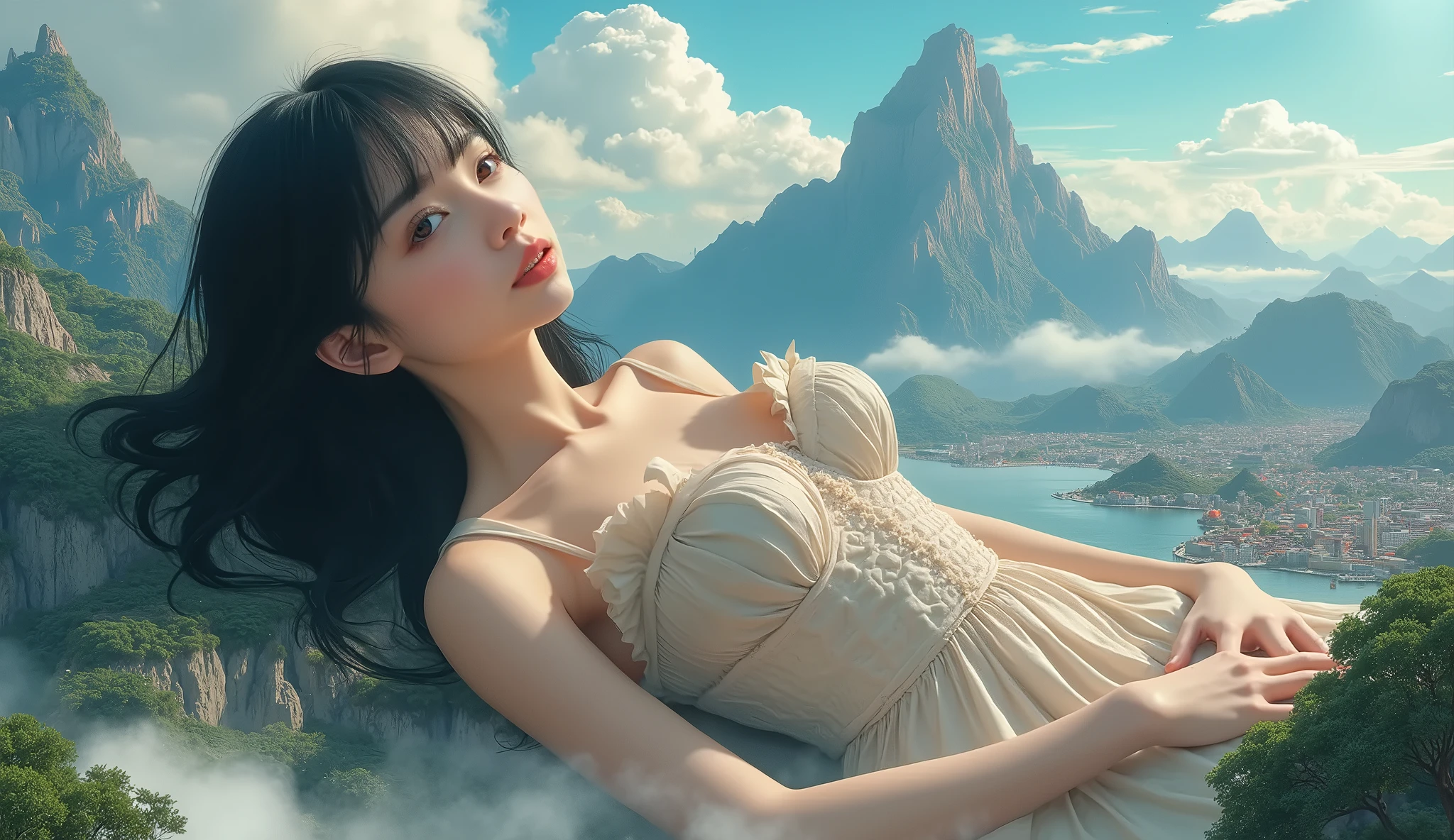 (Raw photo:1.2), (Photorealistic), Beautiful detailed girl, Very detailed eyes and face, Beautiful detailed eyes, Huge file size, High resolution, Very detailed, Best Quality, [masutepiece:1.6], Illustration, Very detailed, Fine detail, Best Quality, 8K Wallpaper, Movie Lighting, 15 year old women from the world of Ghibli, Beautiful face, Ghibli scenery seen from Ghibli Mountain, A symbol of power that appears at the feet, Detailed eyes, Detailed underwear, ghibli style bra, ghibli style pants, Detailed face, Ghibli's Worldview, Beautiful eyes, Ghibli style sky