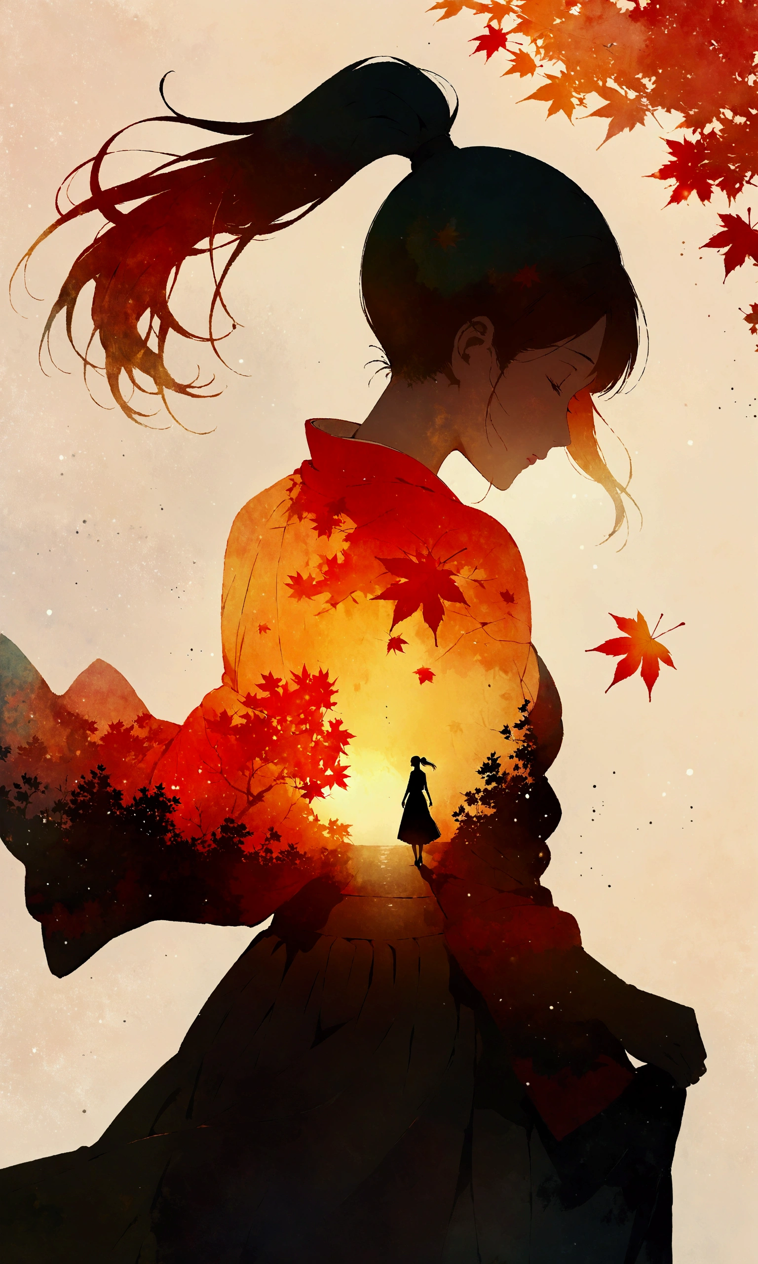 silhouette art,Autumn leaves pattern on woman silhouette isolated on white background,(Female silhouette: Kimono: Hakama: Long ponytail: Dynamic pose),Draw the autumn leaves pattern only on the woman's silhouette.,BREAK,Autumn leaves pattern: Yellow and orange gradation: Overlapping translucent autumn leaves: Overlapping layers: Vibrant colors: Glitter,BREAK,vector art,Draw a background painting using autumn leaves in very light colors,Works made with watercolors,(Expresses blur and blur typical of watercolors),Transparency,soft tones,Use layering techniques