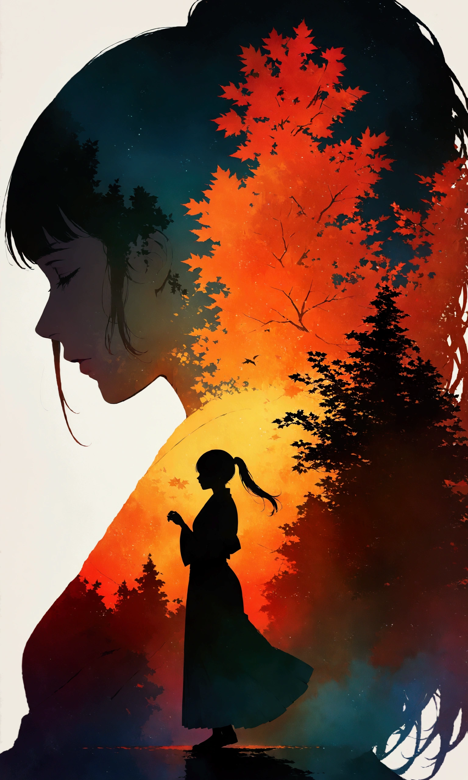 silhouette art,Autumn leaves pattern on woman silhouette isolated on white background,(Female silhouette: Kimono: Hakama: Long ponytail: Dynamic pose),Draw the autumn leaves pattern only on the woman's silhouette.,BREAK,Autumn leaves pattern: Yellow and orange gradation: Overlapping translucent autumn leaves: Overlapping layers: Vibrant colors: Glitter,BREAK,vector art,Draw a background painting using the moon and autumn leaves in very light colors,Works made with watercolors,(Expresses blur and blur typical of watercolors),Transparency,soft tones,Use layering techniques,(masterpiece:1.3),(highest quality:1.4),(ultra detailed:1.5),High resolution,extremely detailed,unity 8k wallpaper