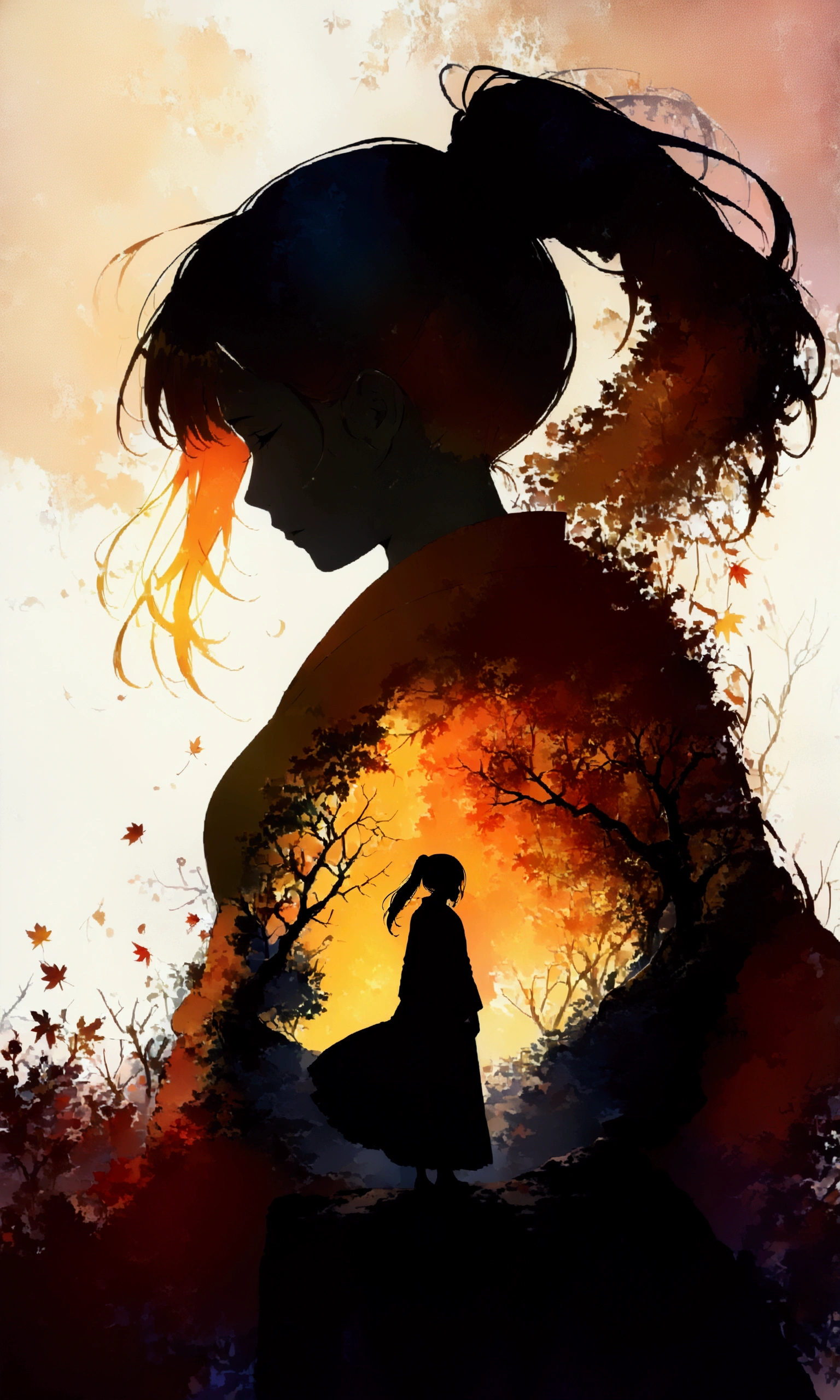 silhouette art,Autumn leaves pattern on woman silhouette isolated on white background,(Female silhouette: Kimono: Hakama: Long ponytail: Dynamic pose),Draw the autumn leaves pattern only on the woman's silhouette.,BREAK,Autumn leaves pattern: Yellow and orange gradation: Overlapping translucent autumn leaves: Overlapping layers: Vibrant colors: Glitter,BREAK,vector art,Draw a background painting using the moon and autumn leaves in very light colors,(masterpiece:1.3),(highest quality:1.4),(ultra detailed:1.5),High resolution,extremely detailed,unity 8k wallpaper