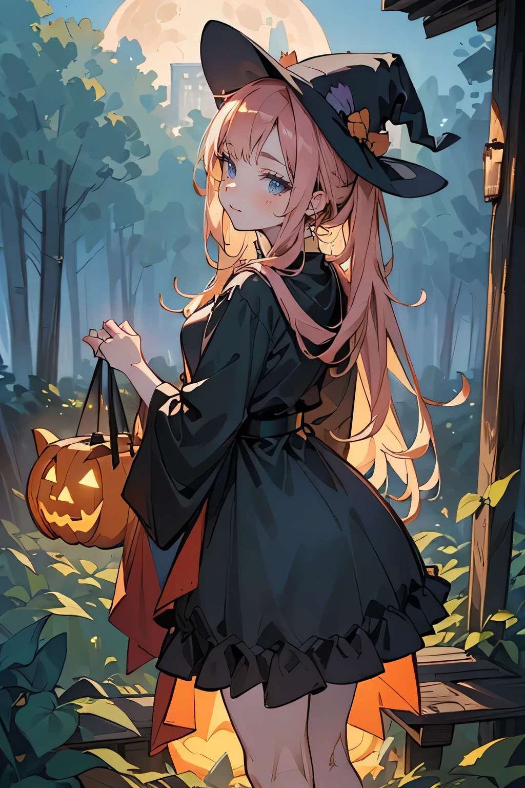 a cute witch trick-or-treating, halloween decorations, pumpkin, full moon, eerie forest, bats, (best quality,4k,8k,highres,masterpiece:1.2),ultra-detailed,(realistic,photorealistic,photo-realistic:1.37),vivid colors,cinematic lighting,whimsical,magical