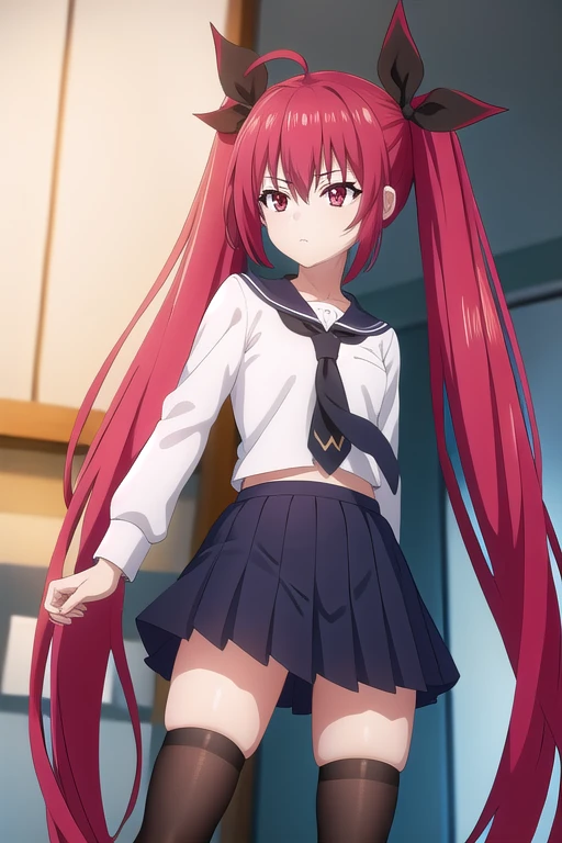 kotori itsuka school uniform, long hair, skirt, shirt, (red eyes:1.3), thighhighs, long sleeves, ribbon, hair between eyes, twintails, very long hair, school uniform, white shirt, ahoge, red hair, pleated skirt, necktie, serafuku, black thighhighs, tree, blue skirt, zettai ryouiki, candy, black necktie, lollipop,
BREAK standing, 
BREAK expressionless, 
BREAK indoor, 
BREAK looking at viewer, from front, 
BREAK illustration, 
BREAK (masterpiece, best quality, high resolution:1.2), HD, (illustration:0.8), (beautiful detailed eyes:1.6), extremely detailed face, perfect lighting, extremely detailed CG, (perfect hands, perfect anatomy),