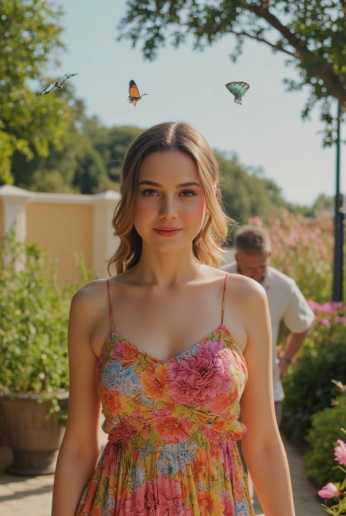 professional photo of tv_Alina_Sanko_M, , , serene expression, wearing an elegant colorful summerdress, walking through an ornate rose garden, noon, summer, colorful butterflies, ((cowboy shot)),, 8k resolution, highres, high detail, sharp focus, detailed skin, 8k uhd, bokeh, analog photography,