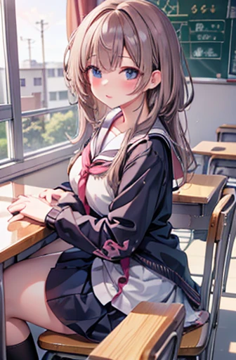(masterpiece:1.3, highest quality), (realistic, photorealistic:1.4), beautiful illustrations, perfect lighting, colorful, Depth of the bounds written,
looking at the viewer, full body, Front view:0.6, 1 girl, alone, Japanese, high school girl, Improve, (big breasts:0.8, big ass, seductive thighs, skin dents),
(long hair:1.5, side ponytail), asymmetrical bangs, purple eyes, parted lips, (very tanned and shiny skin),
beautiful hair, beautiful face, highly detailed face, detailed and beautiful eyes, beautiful clavicle, beautiful body, beautiful breasts, beautiful thighs, beautiful feet, beautiful fingers, ((collared short sleeve shirt, white shirt, school uniform, pink plaid pleated skirt, black tie)), white panties, polka dot hair scrunchie,
( sexy pose), (enchanting smile), evening,Sit in the classroom,gal,(brown skin:1.5),(blonde:1.5),(view from below),