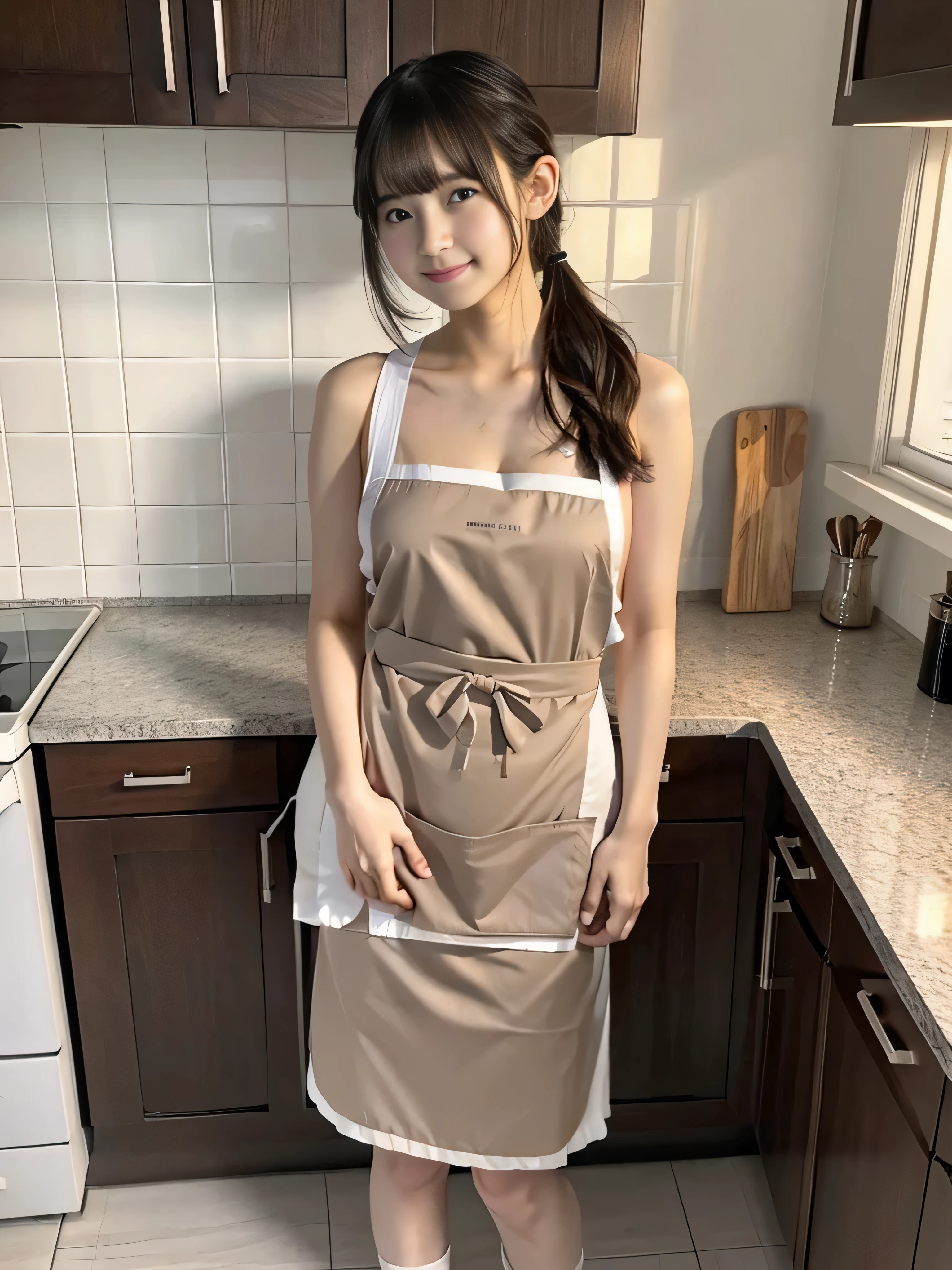 A woman cooking、(kitchin_aprons:1.Wear 3)、nice hand、4K、A high resolution、tmasterpiece、top-quality、wear cap:1.3、((hasselblad photograph))、Fine skin、foco nítido、(lighting like a movie)、Soft lighting、dynamic ungle、[:(详细的脸:1.2):0.2]、Medium chest、Sweat runs down the skin:1.2、(((In the kitchen))) Cute smile　Viewer's perspective　Colossal tits　tying  hair　Sleeveless　Extend your upper arm　Shoulders sticking out　cleanness　big kitchen　Beautiful kitchen　Wine glasses　posterior view　Behind　backs　Lift and tie up your hair