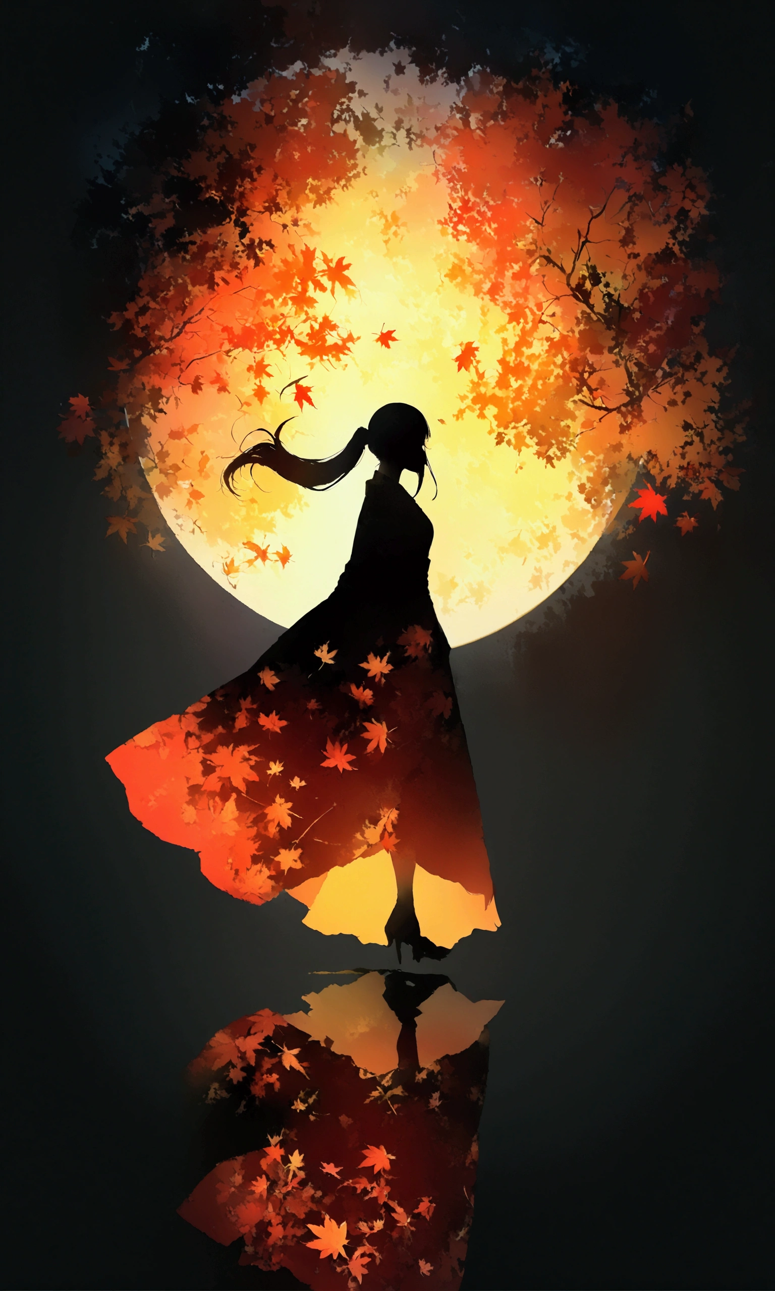 silhouette art,Autumn leaves pattern on woman silhouette isolated on white background,(Female silhouette: Kimono: Hakama: Long ponytail: Dynamic pose),Draw the autumn leaves pattern only on the woman's silhouette.,BREAK,Autumn leaves pattern: Yellow and orange gradation: Overlapping translucent autumn leaves: Overlapping layers: Vibrant colors: Glitter,BREAK,vector art,Draw a background painting using autumn leaves in very light colors,Works made with watercolors,(Expresses blur and blur typical of watercolors),Transparency,soft tones,Use layering techniques