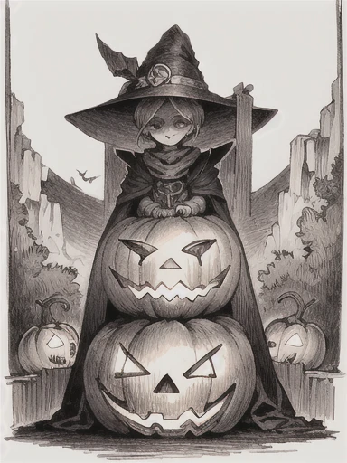 (masterpiece, highest quality, very detailed: 1.5), black and white, ((sepia)), ((pencil drawing)), medieval europe, art nouveau, western art, ((Scarecrow)),((Jack-o’-Lantern)),gothic horror,The Nightmare Before Christmas,full body