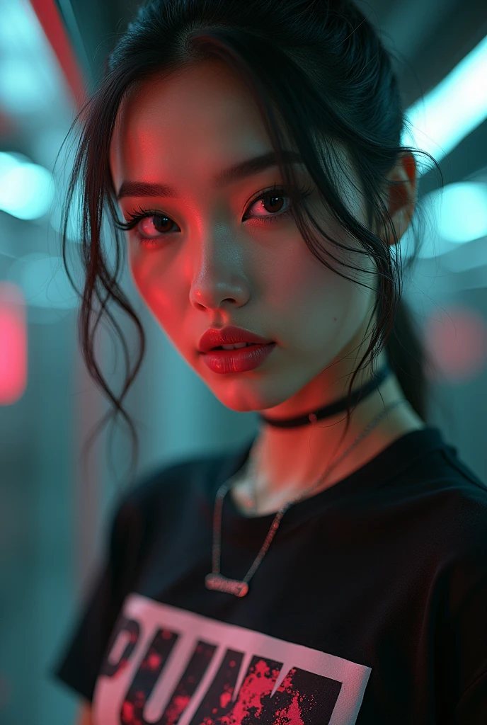 A dark angel woman in a cyberpunk thai dress, beautiful detailed face, piercing eyes, detailed lips, long eyelashes, intricate lingerie, glowing neon cyberpunk city in the background, dramatic lighting, dark moody colors, cinematic composition, highly detailed, 8k, hyper realistic, unreal engine, concept art style