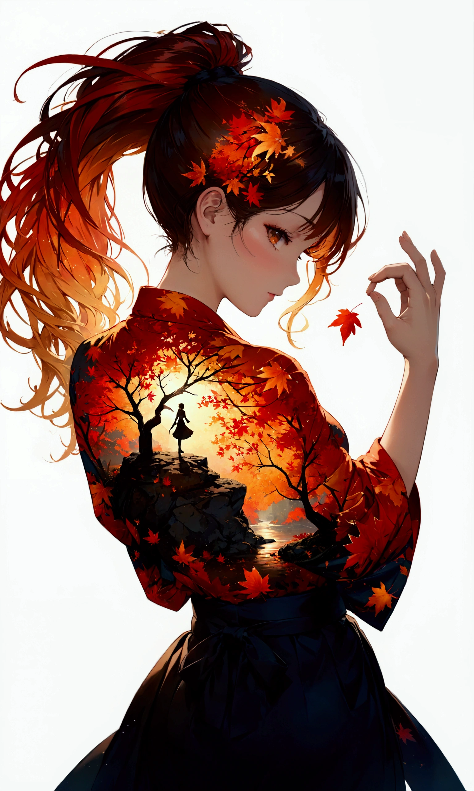 silhouette art,Autumn leaves pattern on woman silhouette isolated on white background,(Female silhouette: Kimono: Hakama: Long ponytail: Dynamic pose),Draw the autumn leaves pattern only on the woman's silhouette.,BREAK,Autumn leaves pattern: Yellow and orange gradation: Overlapping translucent autumn leaves: Overlapping layers: Vibrant colors: Glitter,BREAK,white background,vector art,(masterpiece:1.3),(highest quality:1.4),(ultra detailed:1.5),High resolution,extremely detailed,unity 8k wallpaper