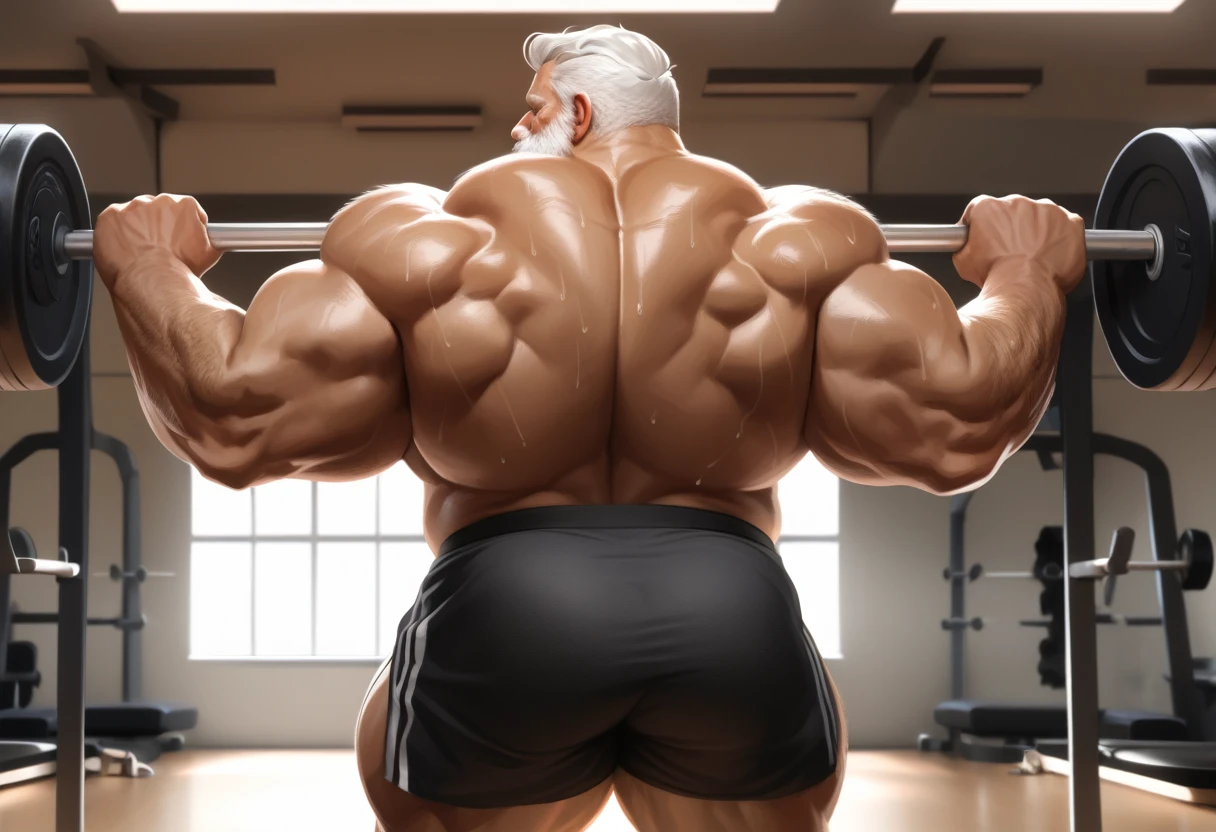 solo, 1boy, Muscular Old man, wide shoulder, (wide back, massive back muscle, back view), thick arms, standing in gym, short white hair, detailed, back view, shorts, sweat, shirtless, masterpiece, semirealistic:1.2, high detailed, 8k, high resolution