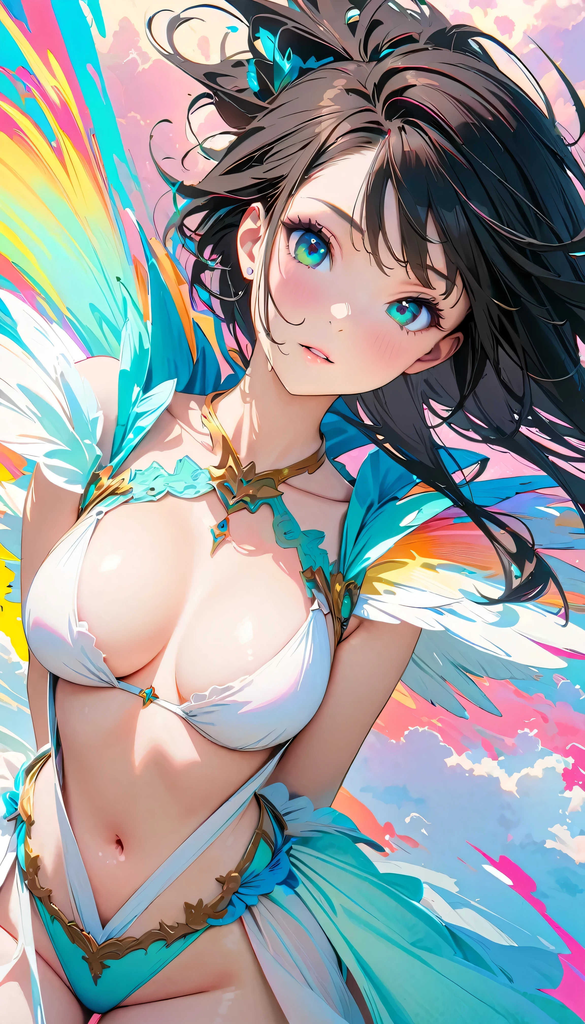 ((Highest quality)), ((masterpiece)), (detailed),((fairy)),10 years old, Black Hair,(Childish face),((long Hair)), shiny hair, Girl ,Medium Breasts, ((Naked)),(topless), ((Blue eyes)),half-smile ,Big wings, ((White Wings)), Sunlight, extreme_close_up, ((arched back)), (close_up) ,upper body ,Many Stars ,(Lots of bubbles), (In the sky), ((fly in the sky)),