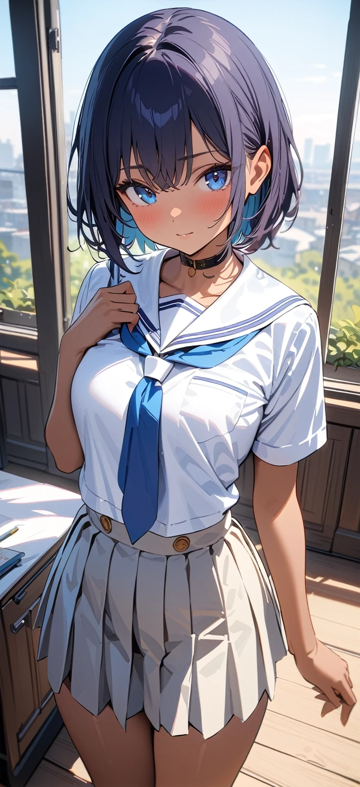 (Top quality masterpiece:1.5), Super detailed, High resolution, 8k, Beautiful details, 1 cute girl, Brown skin girl, Dark blue hair, blue gray eyes, Short Hair, Well-tanned skin, White school uniform,