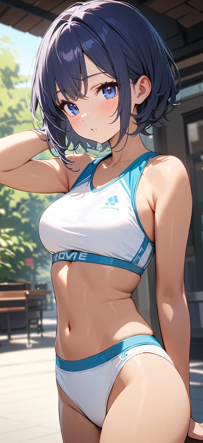 (Top quality masterpiece:1.5), Super detailed, High resolution, 8k, Beautiful details, 1 cute girl, Brown skin girl, Dark blue hair, blue gray eyes, Short Hair, Well-tanned skin, White Sportswear, Female student,
