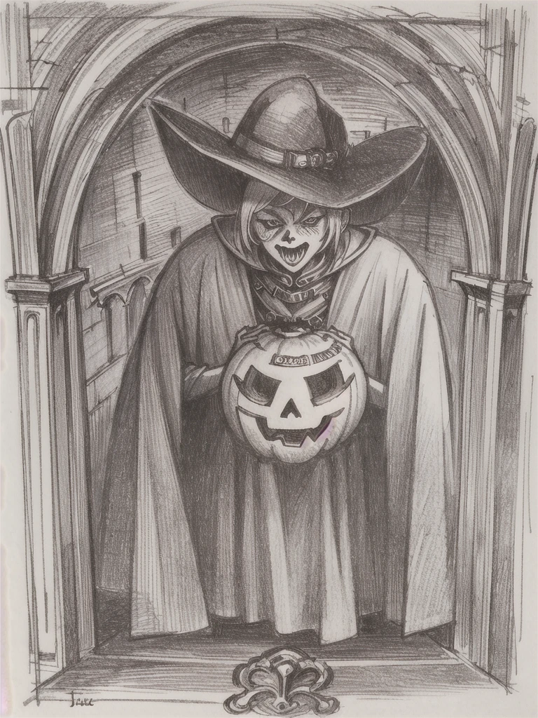 (masterpiece, highest quality, very detailed: 1.5), black and white, ((sepia)), ((pencil drawing)), medieval europe, art nouveau, western art, ((Scarecrow)),((Jack-o’-Lantern)),gothic horror,The Nightmare Before Christmas,full body