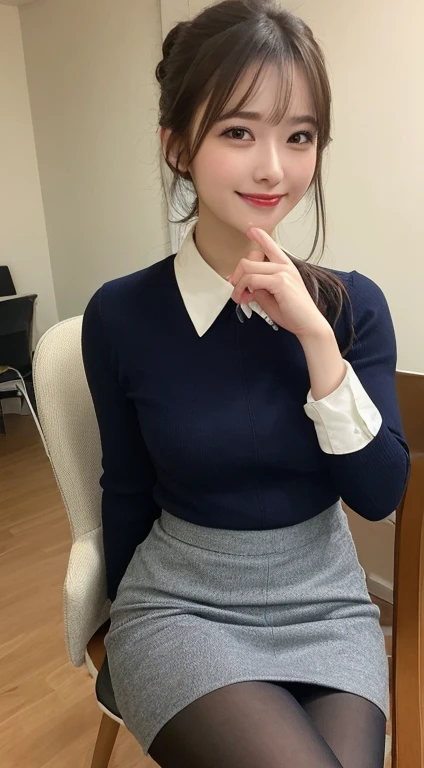 drink coffee)))))、short-cut、bobhair、((Cute girl with small breasts))、(((Lori face)))、(bow ribbon) 、vests、long knee length suits skirt、(((Gray long sleeve office lady uniform)))、Black Tights、Employee ID、((company calendar on the wall))、((Sit in the perfect cute desk chair with wheels))、cross one's legs、((Pen holder))、((fluorescent lamp))、wide Shots、Superfine Illustration、16k resolution、动态照明、​masterpiece、dense skin、A detailed face、Detailed hands and fingers、Detailed clothing、detailed shadow、((女神のような笑顔☺️))、Cute baby face and small face、face perfect、perfect hand、perfect fingers、(((white light from a large window)))、