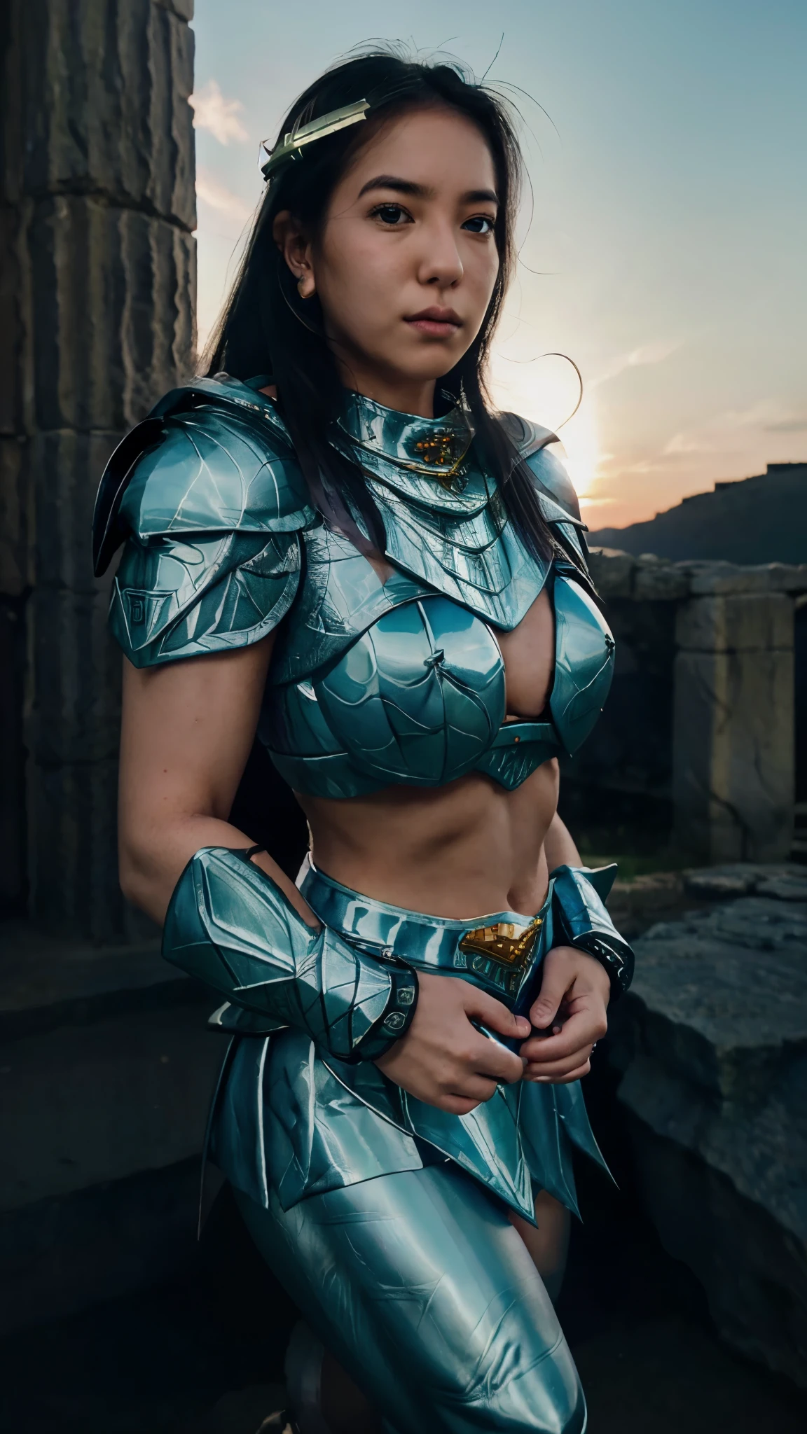 masterpiece, best quality, ultra high res, realistic skin texture, armature, (photorealistic:1.4), high resolution, raw photo, shiny skin, realistic skin texture, best lighting, sparkle, dramatic lighting, dynamic pose, (greek temple background:1.3), night sky, cosmos, milky way, 1girl, (medium breast:1.1), balanced eyes, Dragon Shiryu wearing green silver armor, purple pants, purple short sleeve shirt, wearing dragon helmet, roman skirt plate, (breast plate:1.5), very long hair, shield, cleavage,
