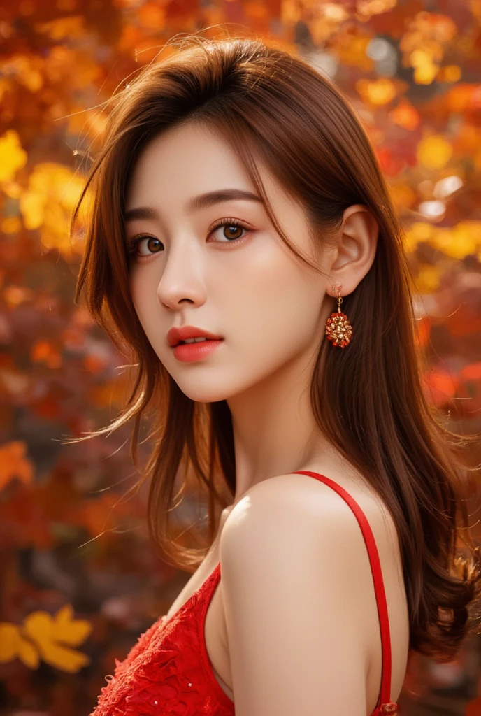 masterpiece, 8k, high resolution, high quality, ultra-detailed, beautiful face, epic lighting, dynamic pose, glowing skin, bokeh, A stunning Korean beauty basks in the warm glow of autumn's golden light. In a majestic, 8K composition, she strikes a powerful pose against a vibrant backdrop of crimson and amber hues. Her radiant, ultra-detailed complexion glows with an inner luminescence, as if kissed by the soft focus of bokeh. Her eyes sparkle like diamonds in the masterfully crafted lighting, which casts a flattering glow on her flawless features. The overall effect is nothing short of breathtaking.