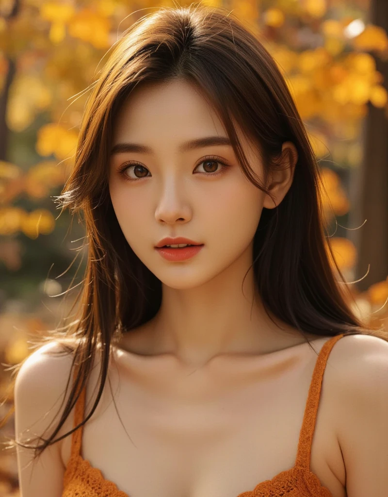 masterpiece, 8k, high resolution, high quality, ultra-detailed, beautiful face, epic lighting, dynamic pose, glowing skin, bokeh, Masterpiece of an autumnal scene: a stunning Korean girl posing dynamically against a warm, golden background. High-resolution details abound, showcasing her breathtakingly beautiful face with glowing, flawless skin. The soft focus of the bokeh effect creates depth and dimensionality, as epic lighting accentuates her features. Ultra-detailed textures bring to life the vibrant foliage and rustic atmosphere, transporting viewers to an idyllic autumnal setting.